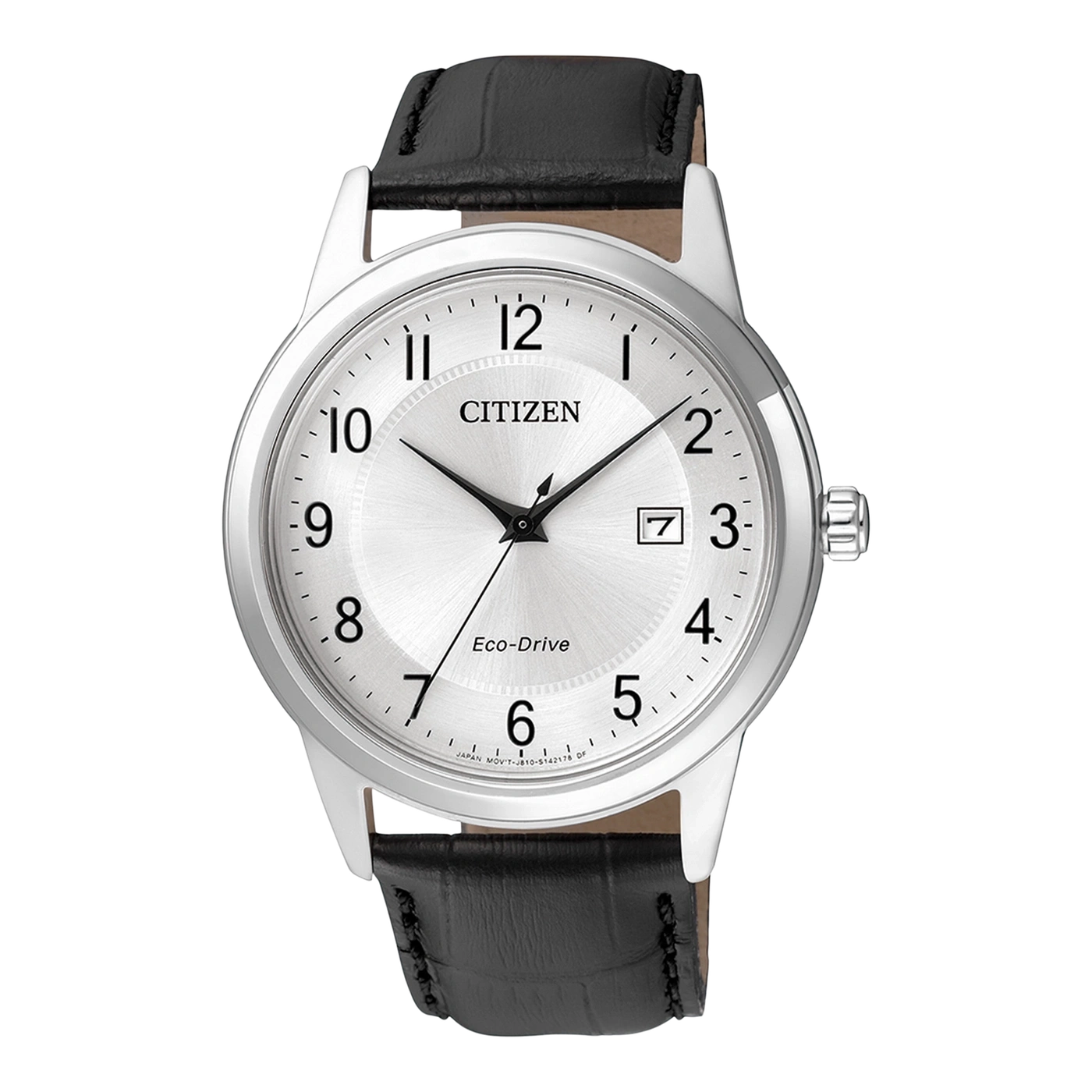 Citizen horloge met zilveren wijzerplaat, zwarte leren band en datumweergave.