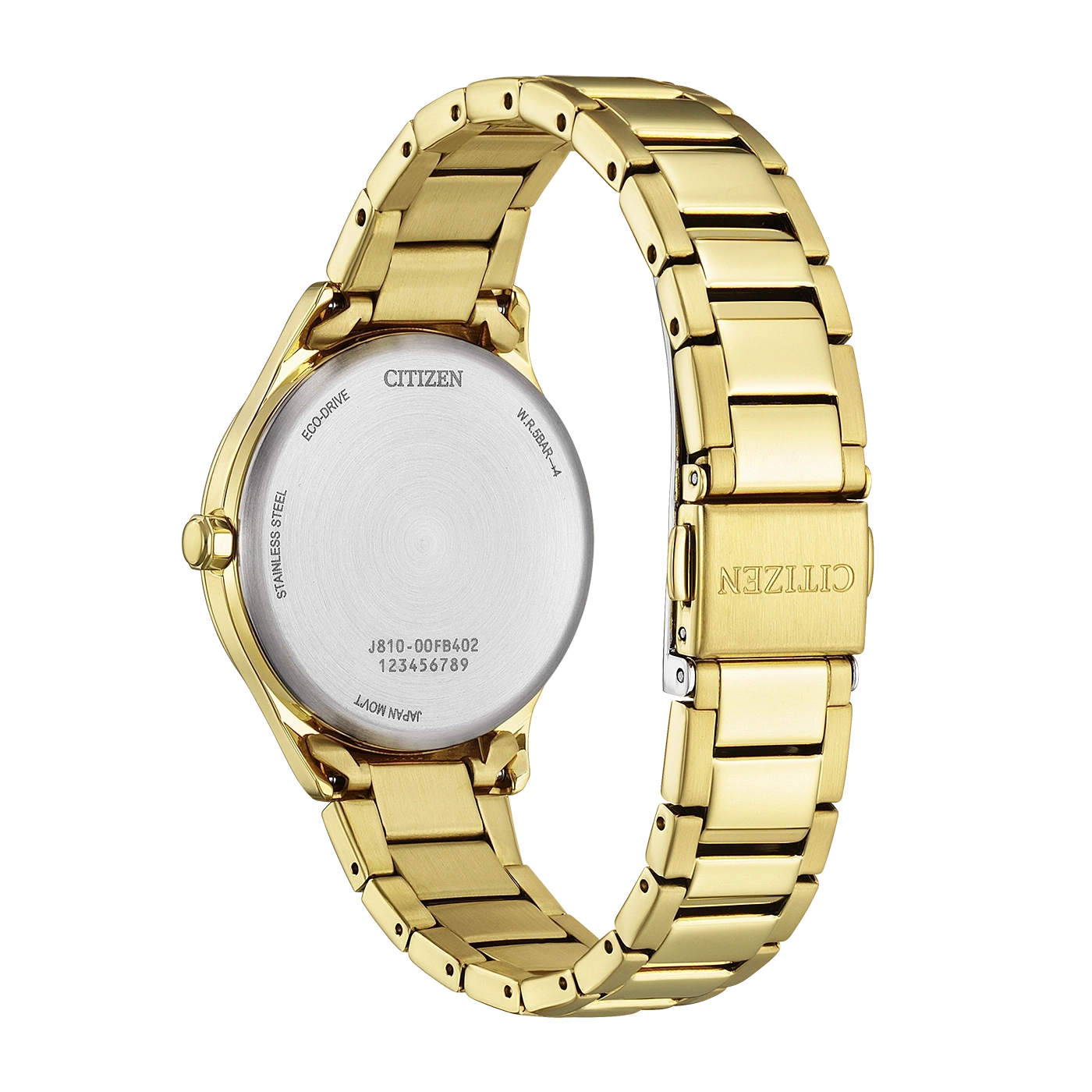 Een gouden Citizen horloge met de achterkant van de kast zichtbaar, met model- en serienummers.