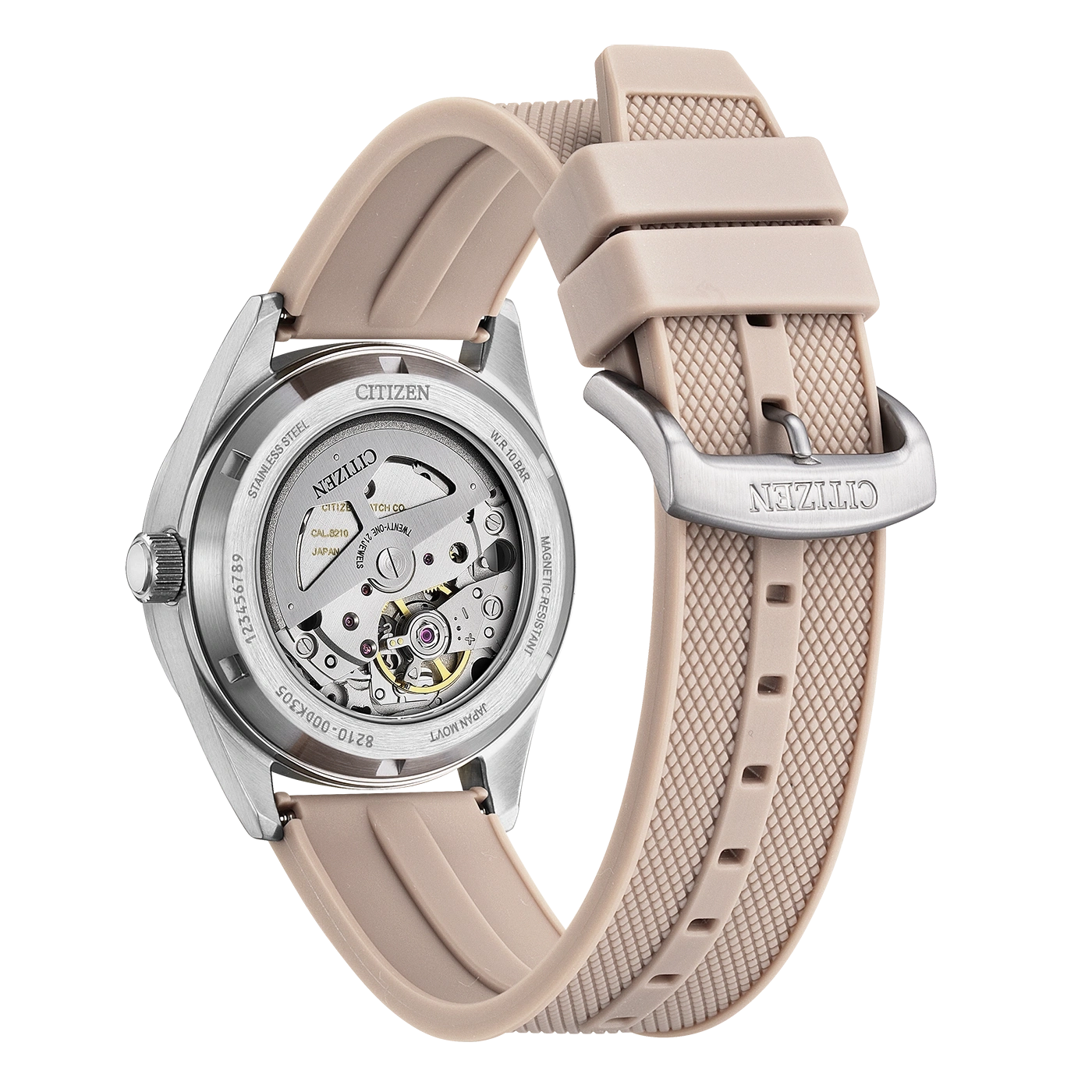 Achterkant van een Citizen horloge met beige band en zichtbaar uurwerk.