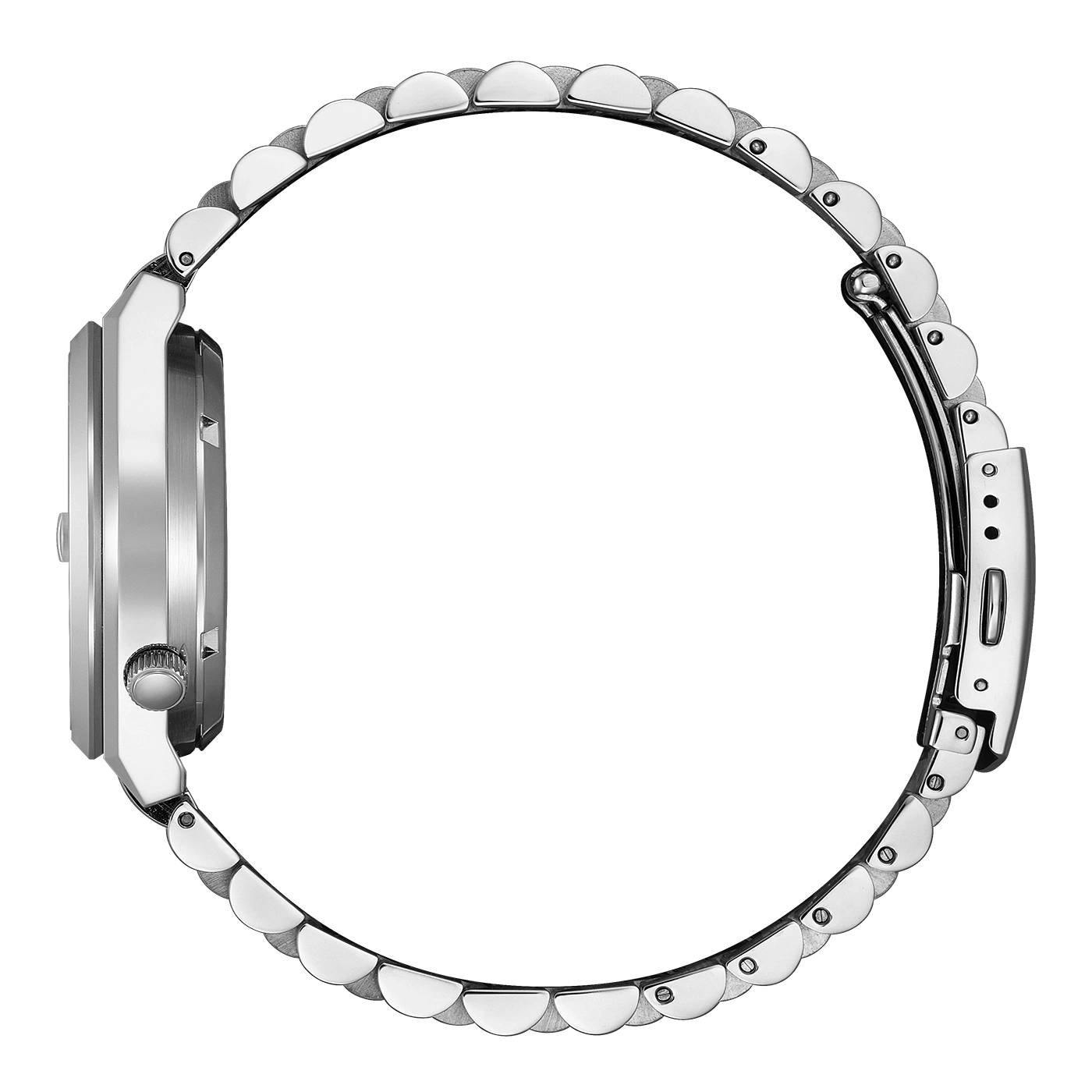 Zilveren horloge met metalen band, zijaanzicht, elegant design, glanzend