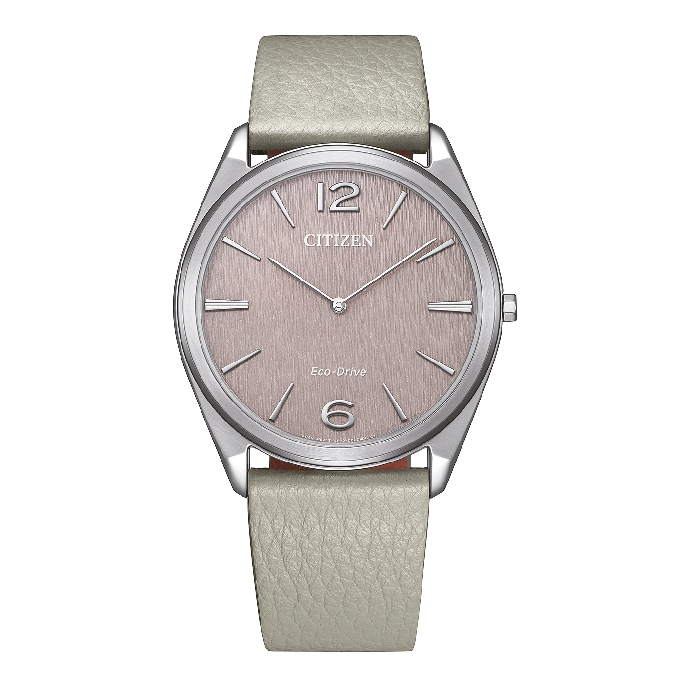 Citizen horloge met een lichtgrijze leren band en een roze wijzerplaat.
