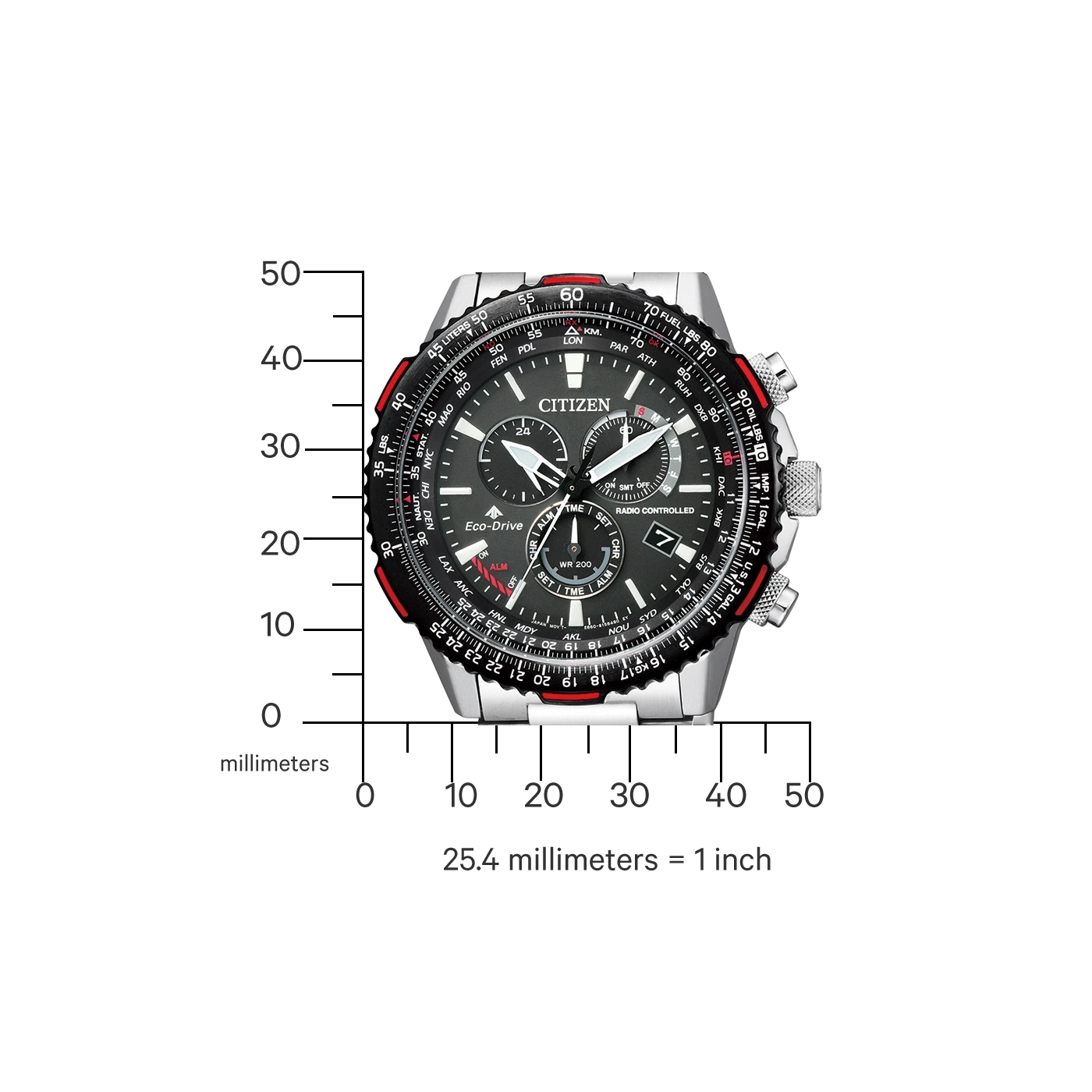 Citizen horloge met zwarte wijzerplaat, zilveren band en rode accenten, toont tijd en datum.