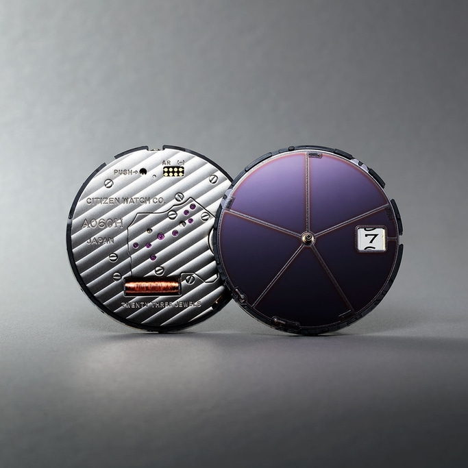 Uurwerk met zichtbare componenten, Citizen, A060H, Japan, drieëntwintig juwelen, datumweergave.