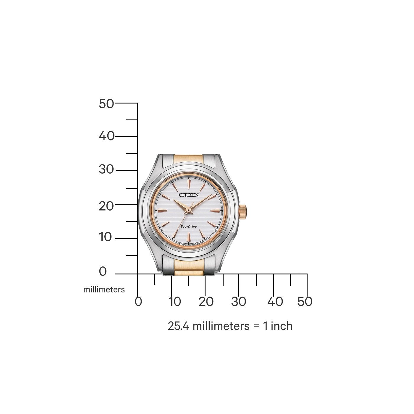 Citizen horloge met een schaal in millimeters, die de grootte van het horloge toont.