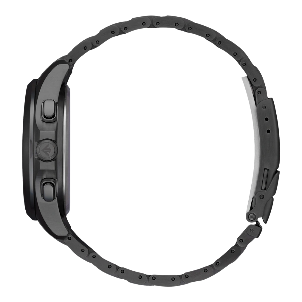 Zijaanzicht van een zwart horloge met een schakelband, geïsoleerd.
