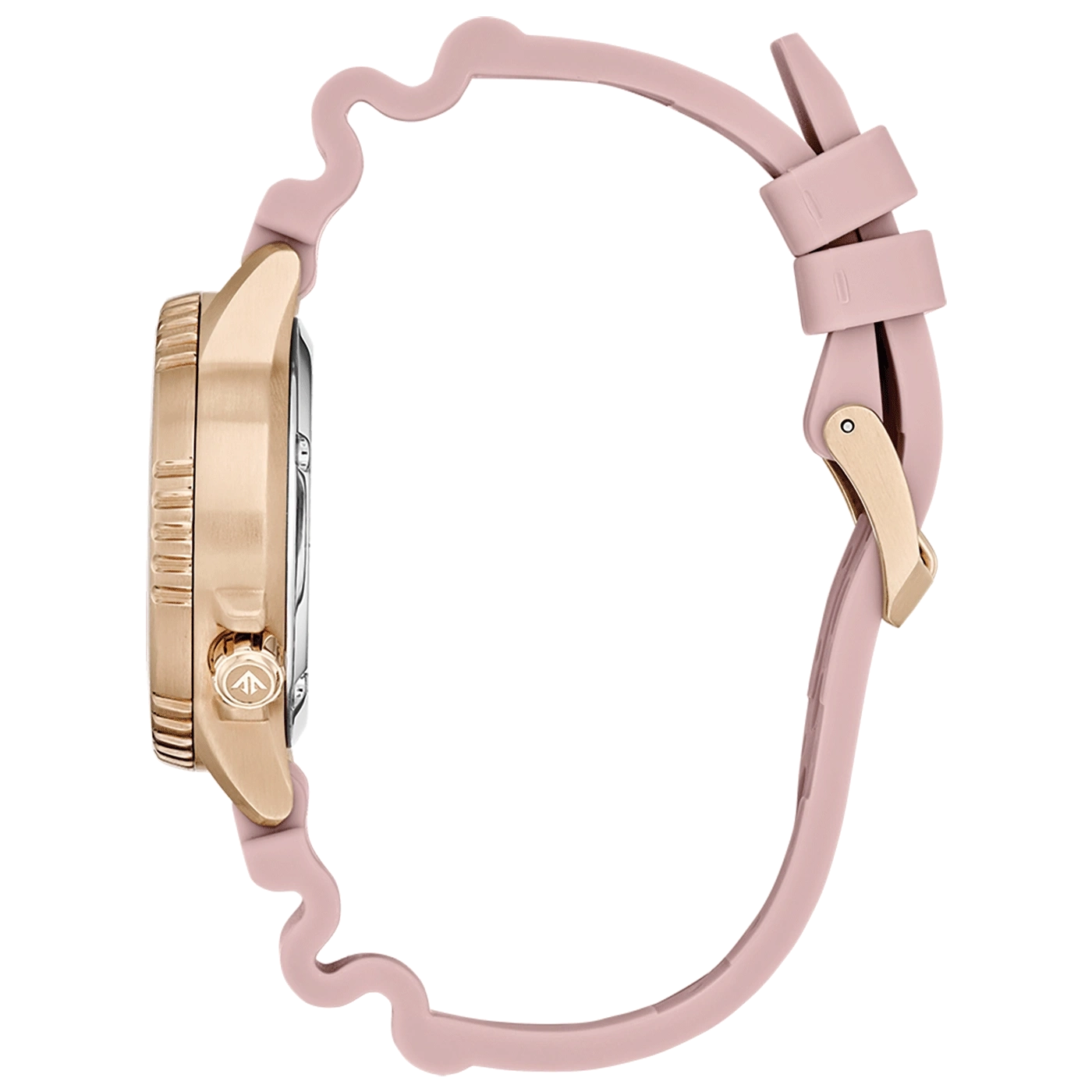 Een roségouden horloge met een roze golvende band en een gouden gesp.