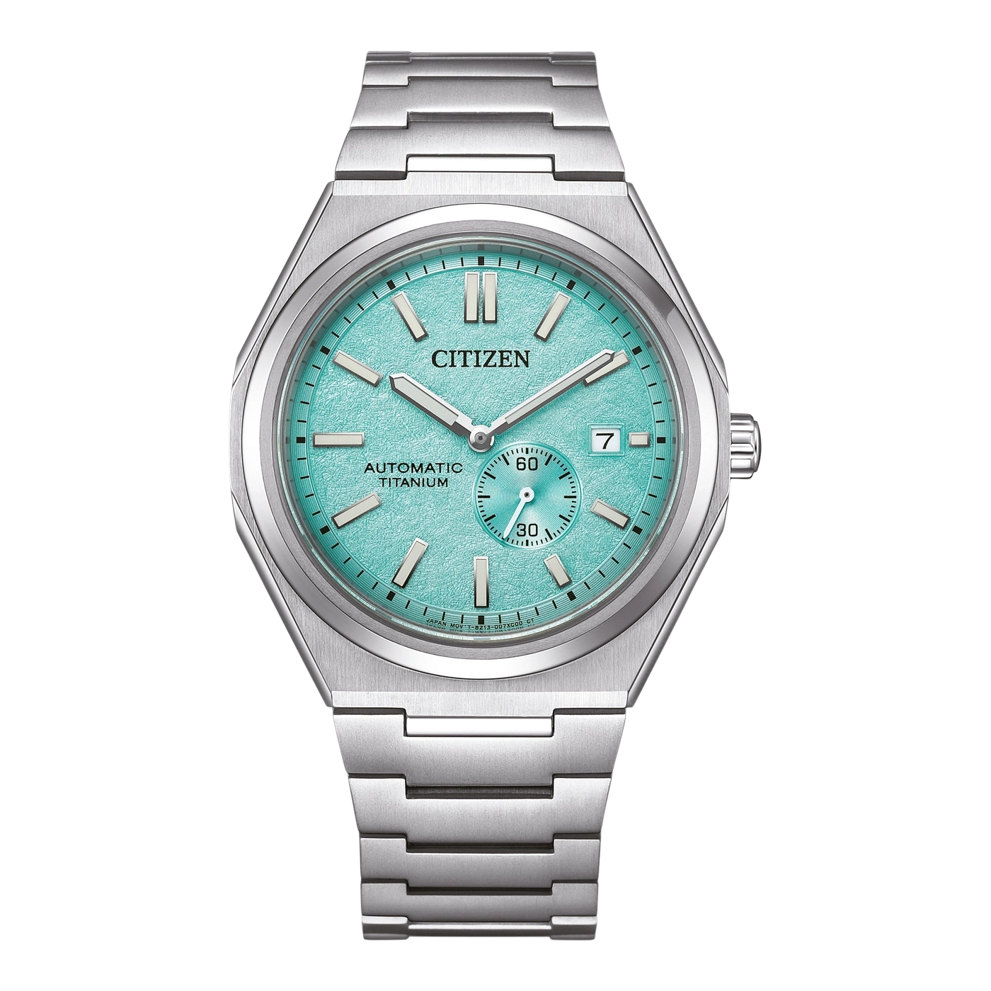 Citizen horloge met een turquoise wijzerplaat en titanium armband.