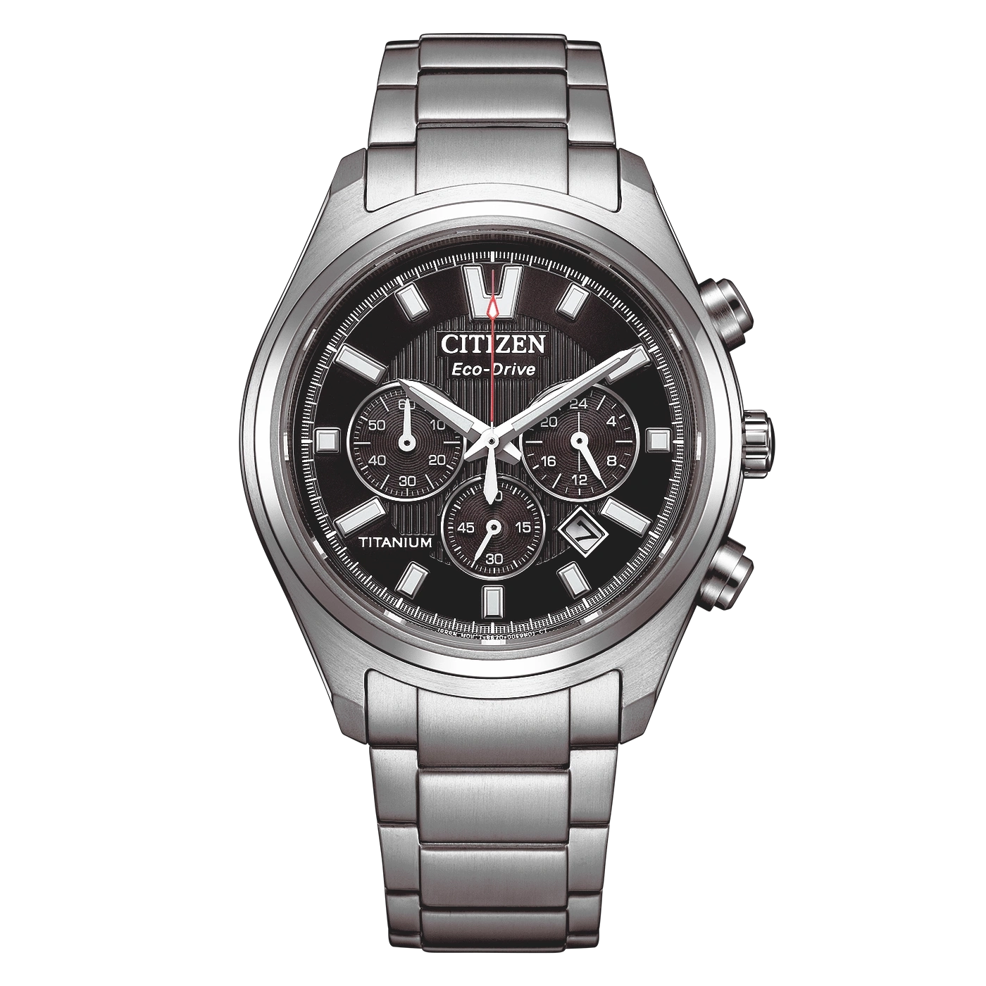 Een Citizen Eco-Drive chronograaf horloge van titanium met een zwarte wijzerplaat.