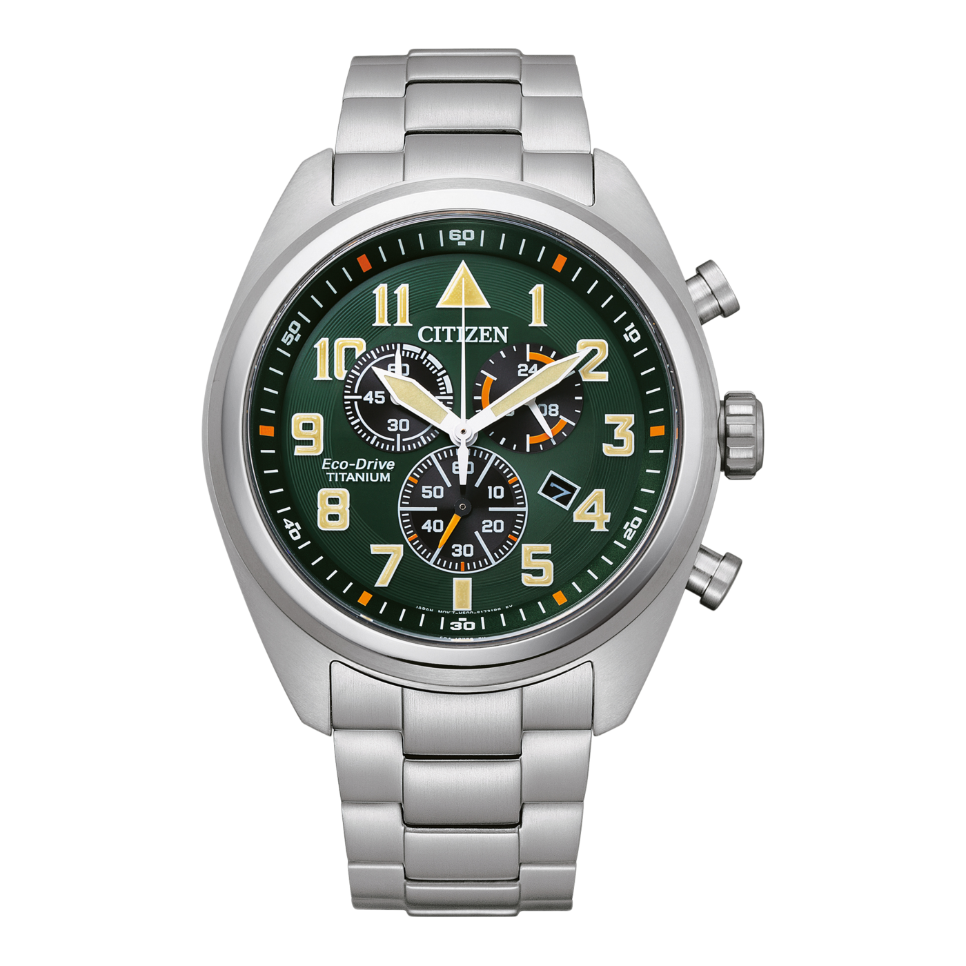 Citizen horloge met groene wijzerplaat, titanium, chronograaf, Eco-Drive en zilveren armband.