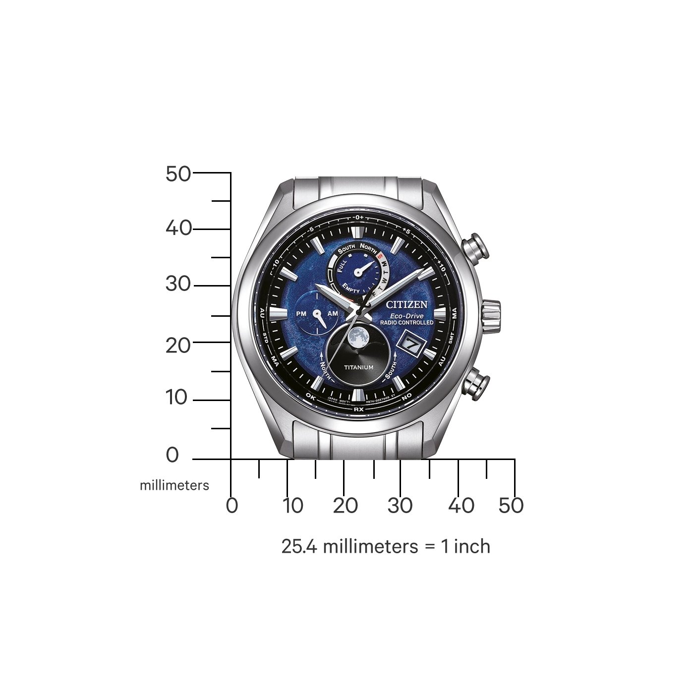 Citizen horloge met blauwe wijzerplaat, titanium, radiogestuurd en meetschaal.