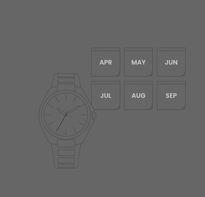 Horloge met maanden: april, mei, juni, juli, augustus, september.