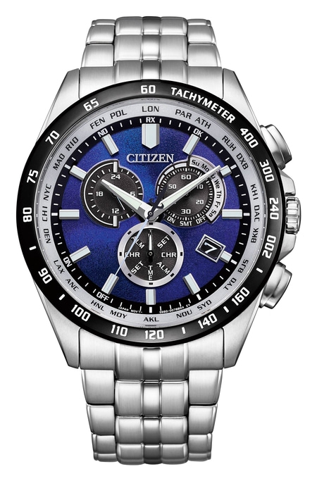 Citizen horloge met blauwe wijzerplaat, tachymeter en roestvrijstalen band. Chronograaf.