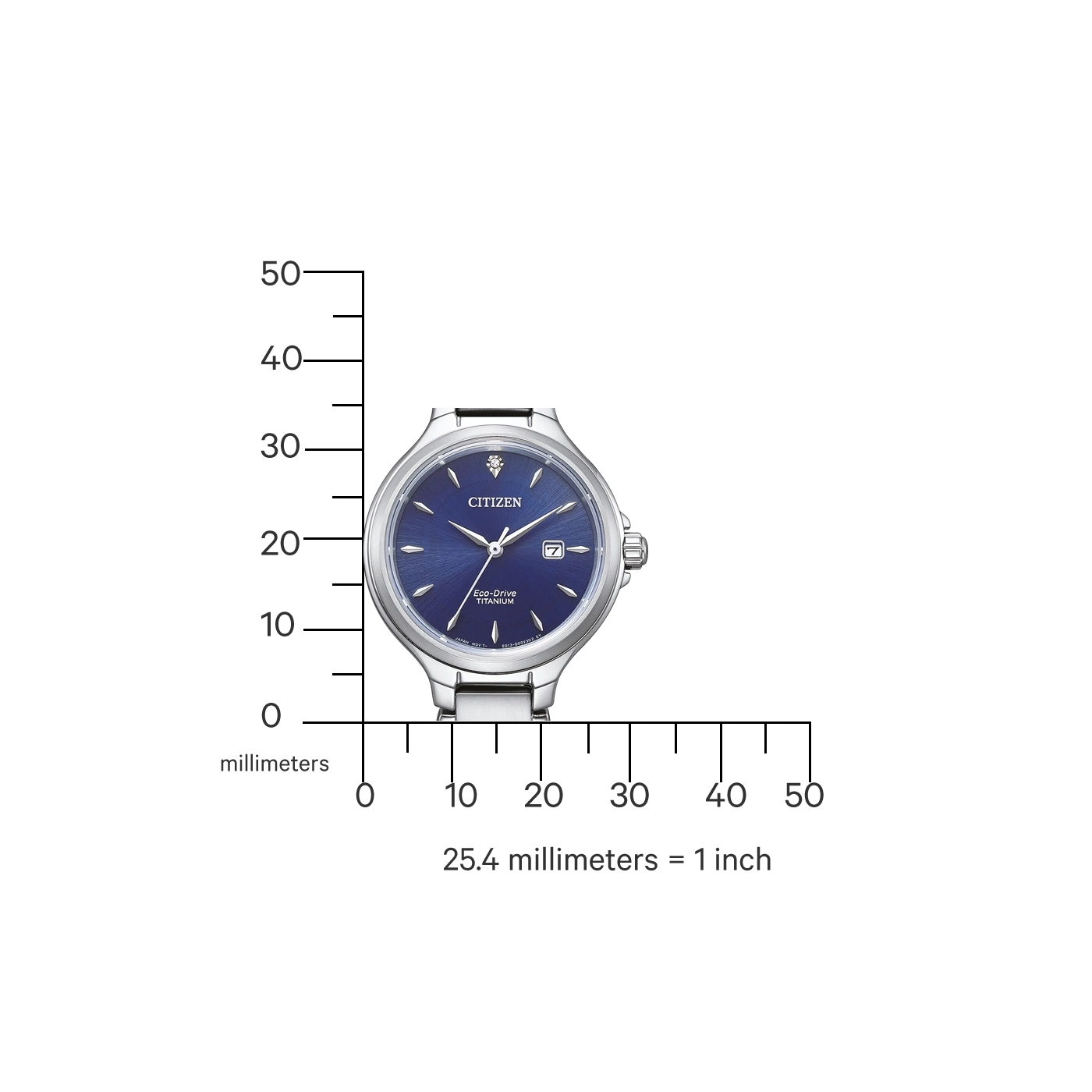Citizen horloge met blauwe wijzerplaat, titanium, Eco-Drive en datumweergave.