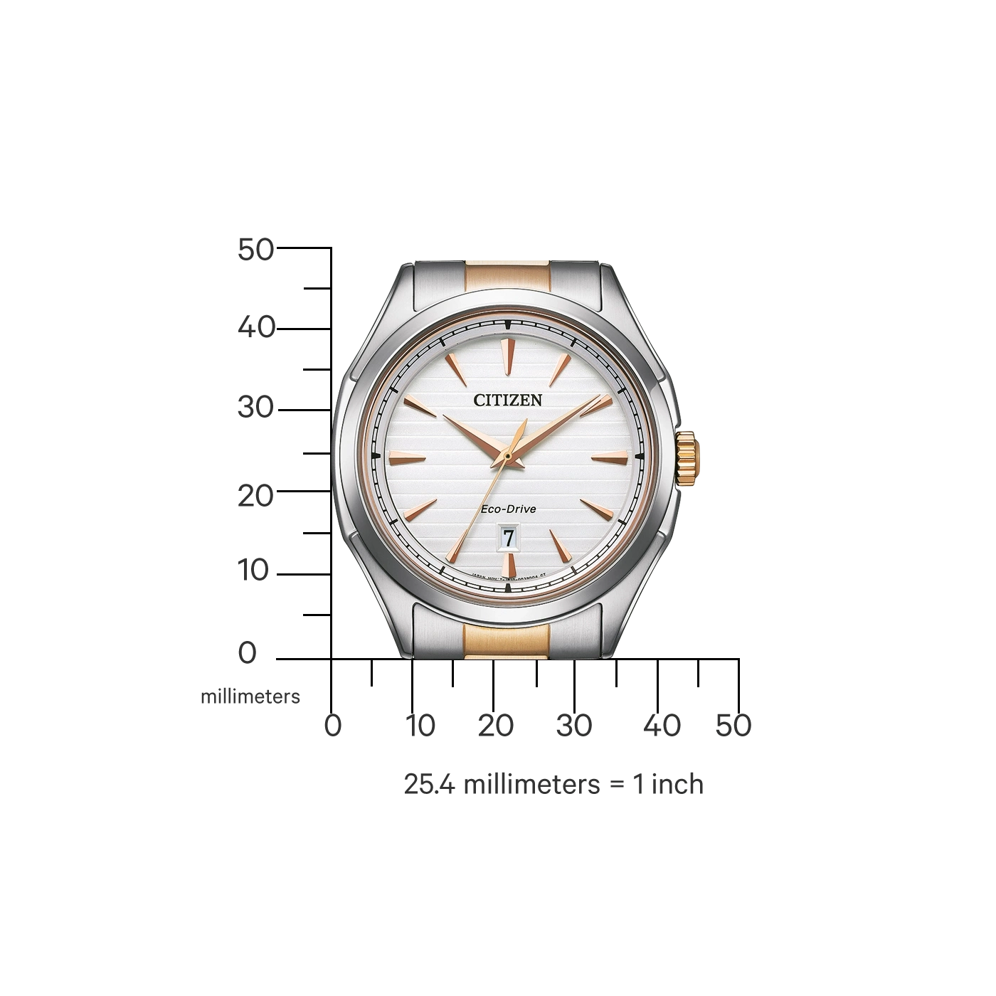 Citizen horloge met witte wijzerplaat, gouden accenten en datumweergave. Eco-Drive technologie.