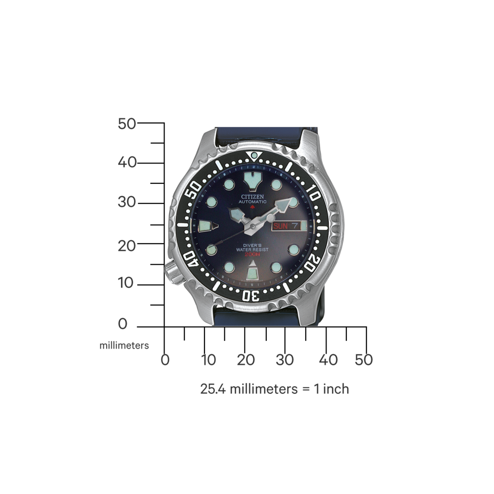 Citizen automatisch horloge met blauwe band, waterdicht 200M, en dagweergave.