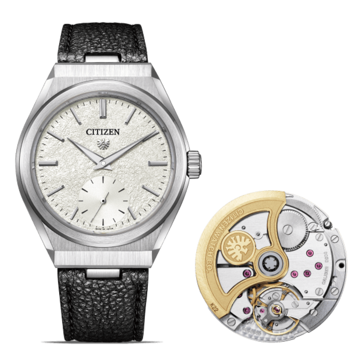 Citizen horloge met een getextureerde wijzerplaat en zichtbaar uurwerk.