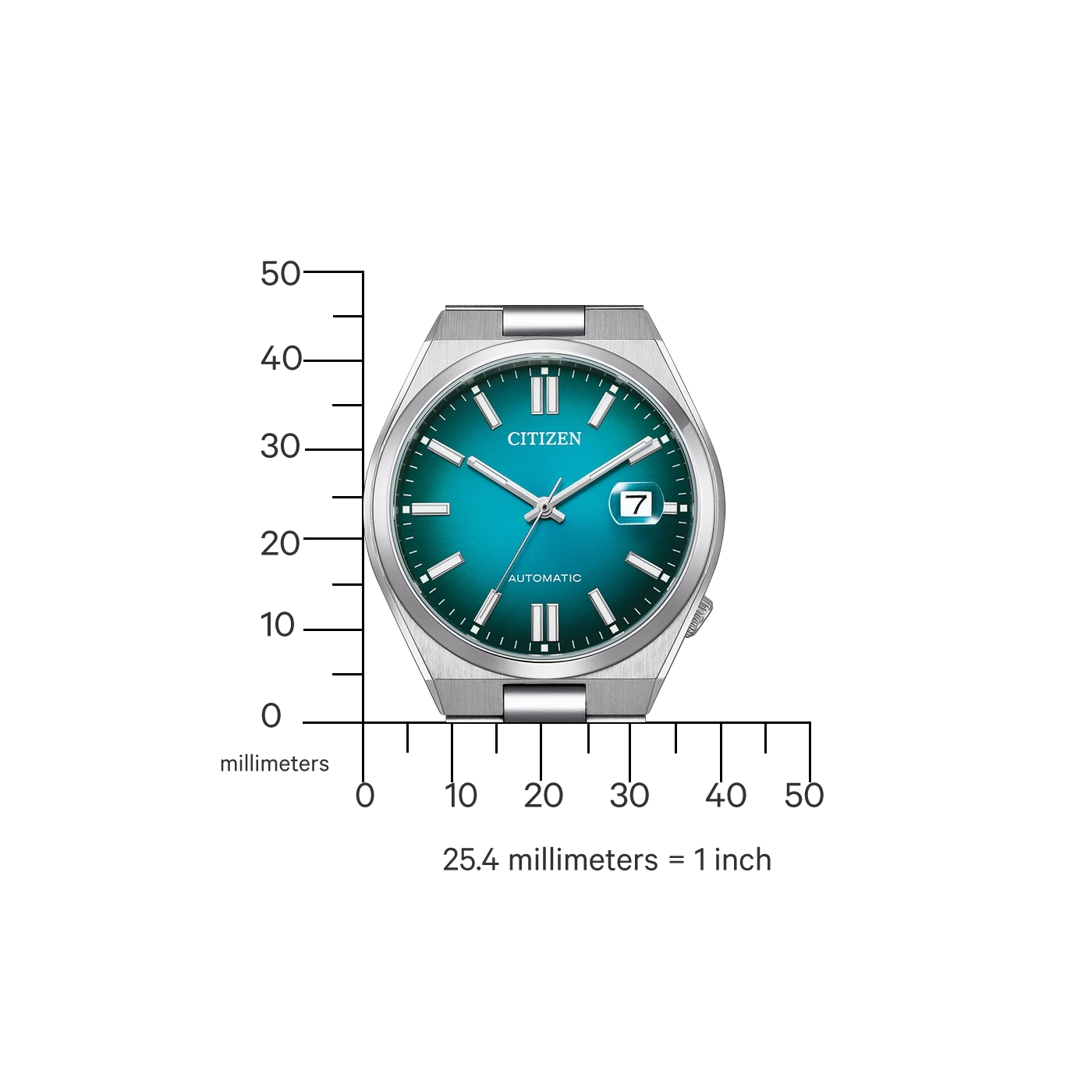 Citizen horloge met een blauwgroene wijzerplaat, maatschaal en het woord automatisch.
