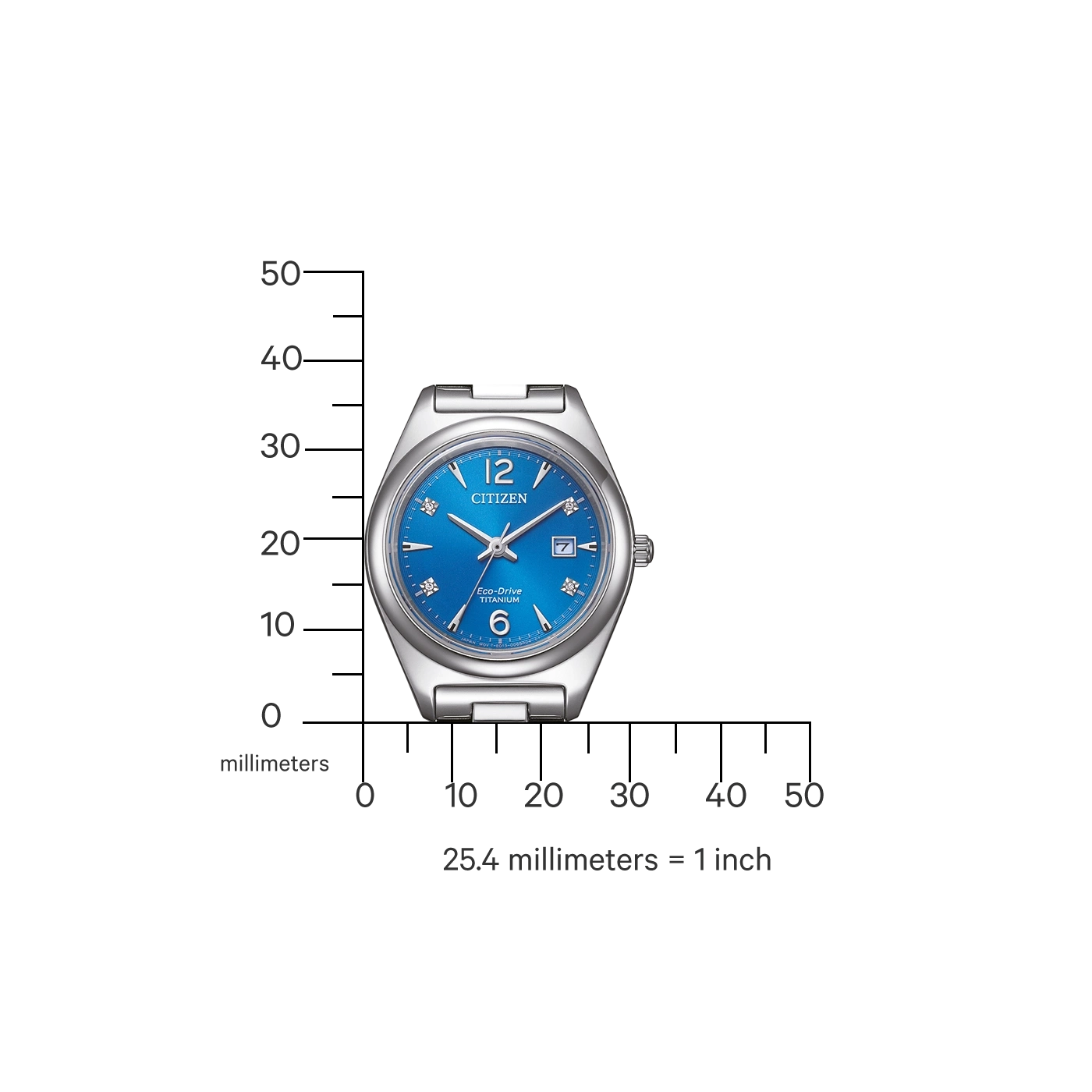 Citizen horloge met blauwe wijzerplaat, titanium en meetschaal in millimeters.