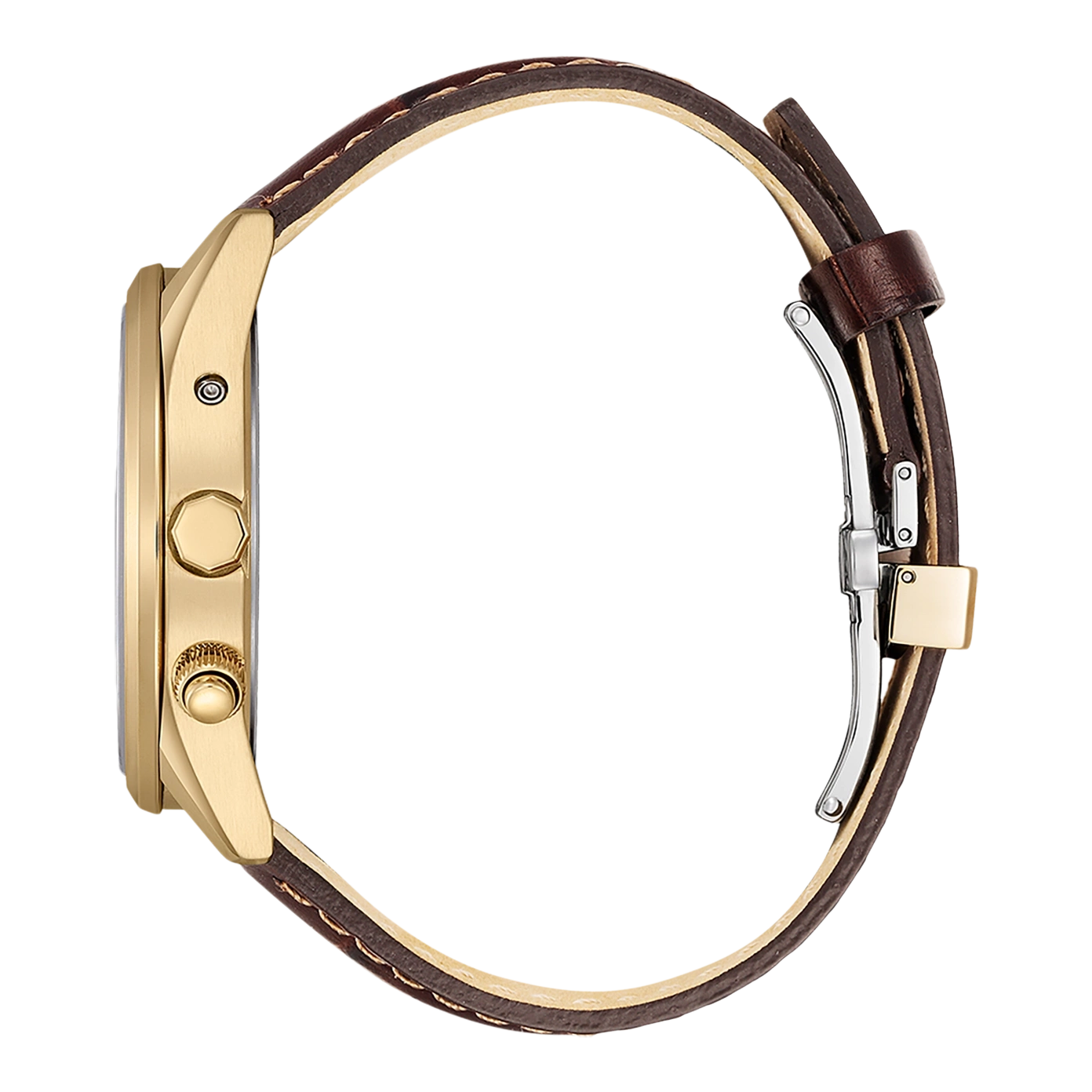 Gouden horloge met bruine leren band, zijaanzicht, close-up.