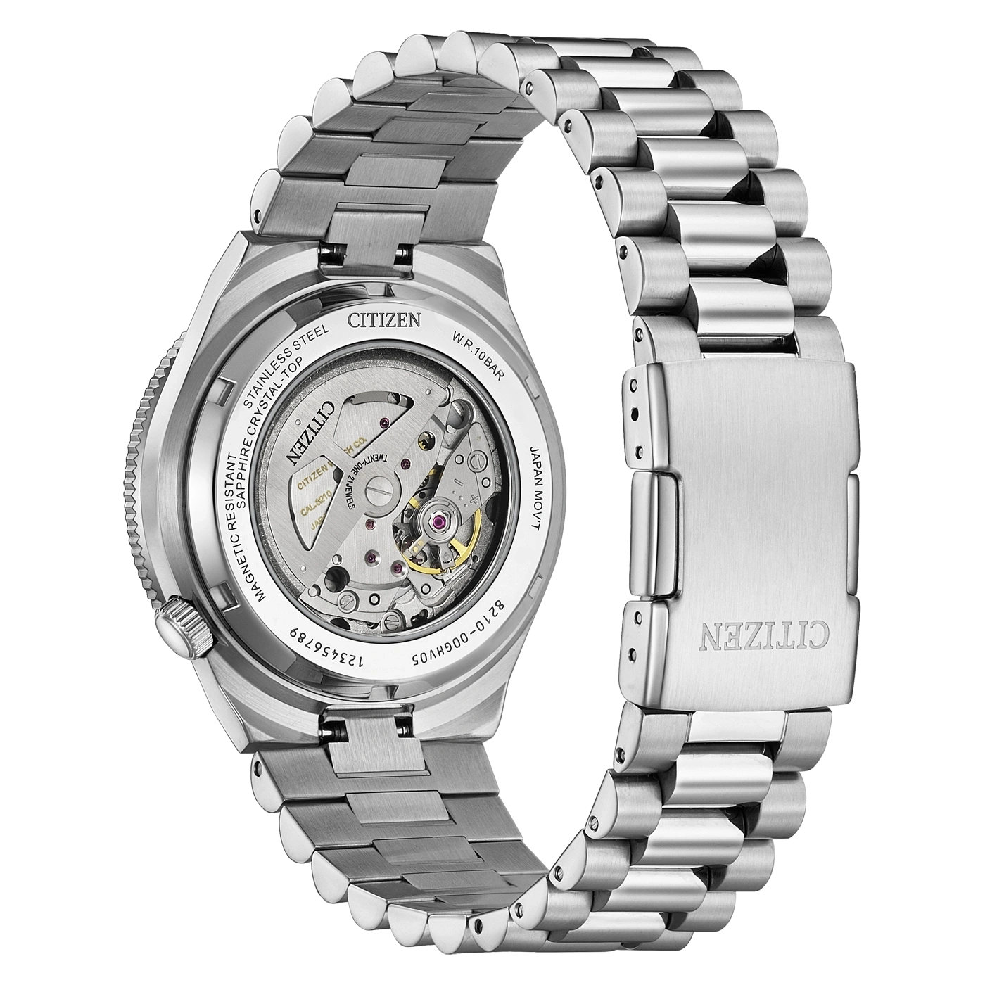 Een roestvrijstalen Citizen-horloge met een open achterkant die het uurwerk toont.