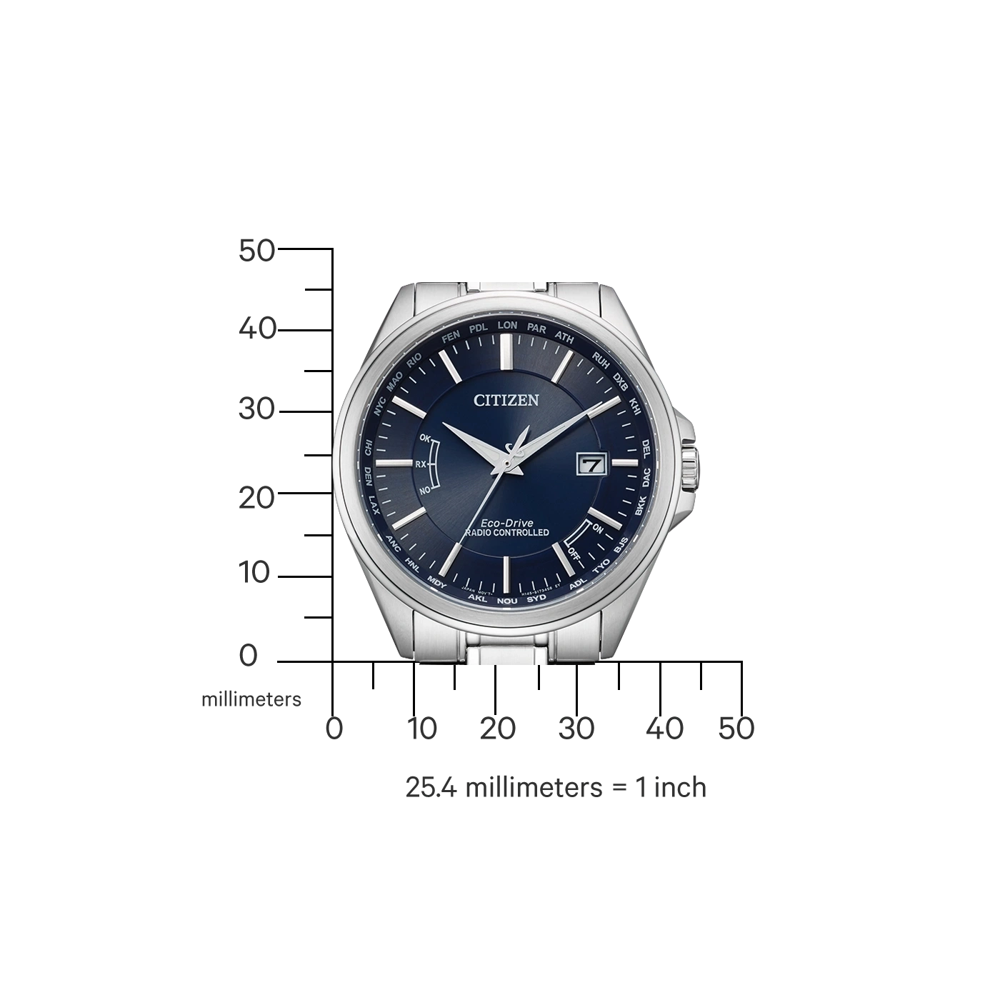 Citizen horloge met blauwe wijzerplaat, zilveren band en tijdzone-indicatoren.