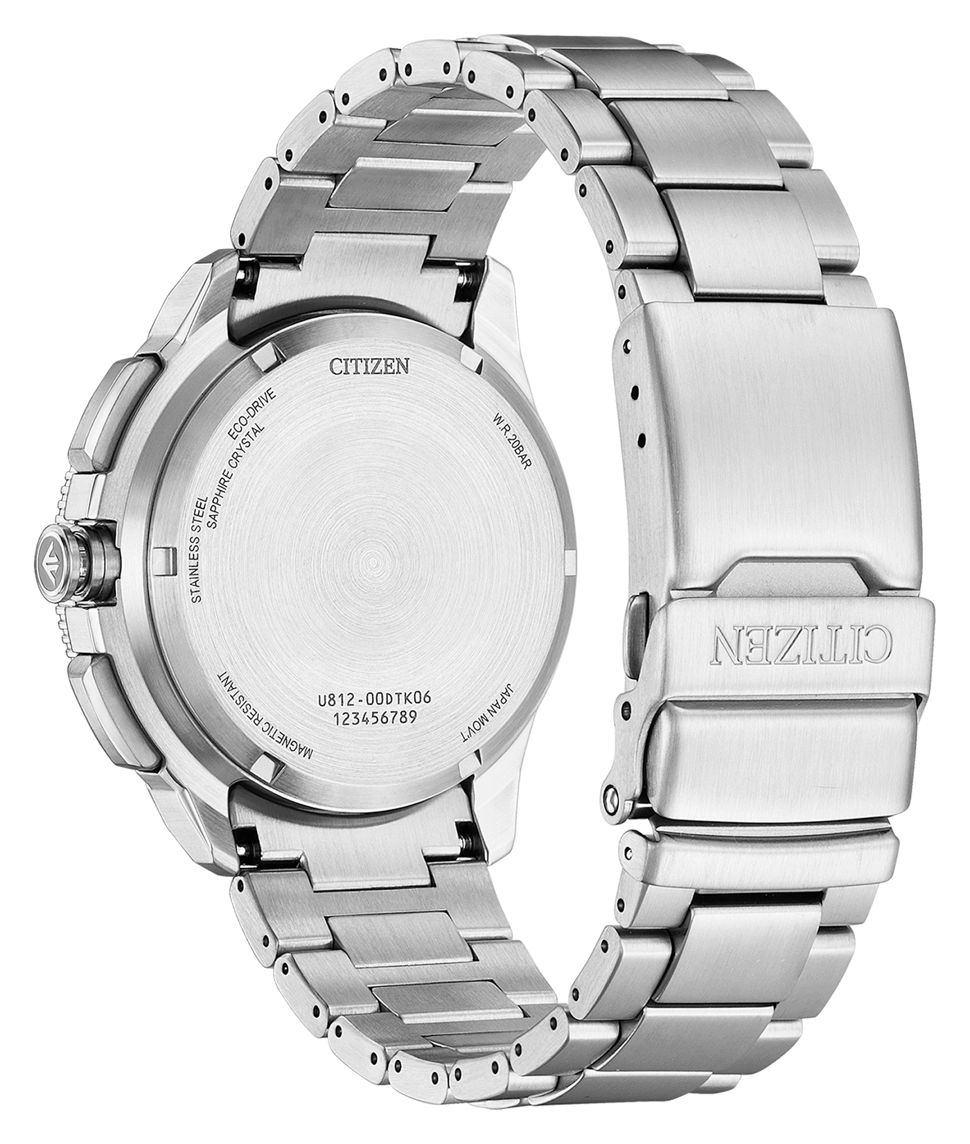 Achterkant van een zilveren Citizen Eco-Drive horloge