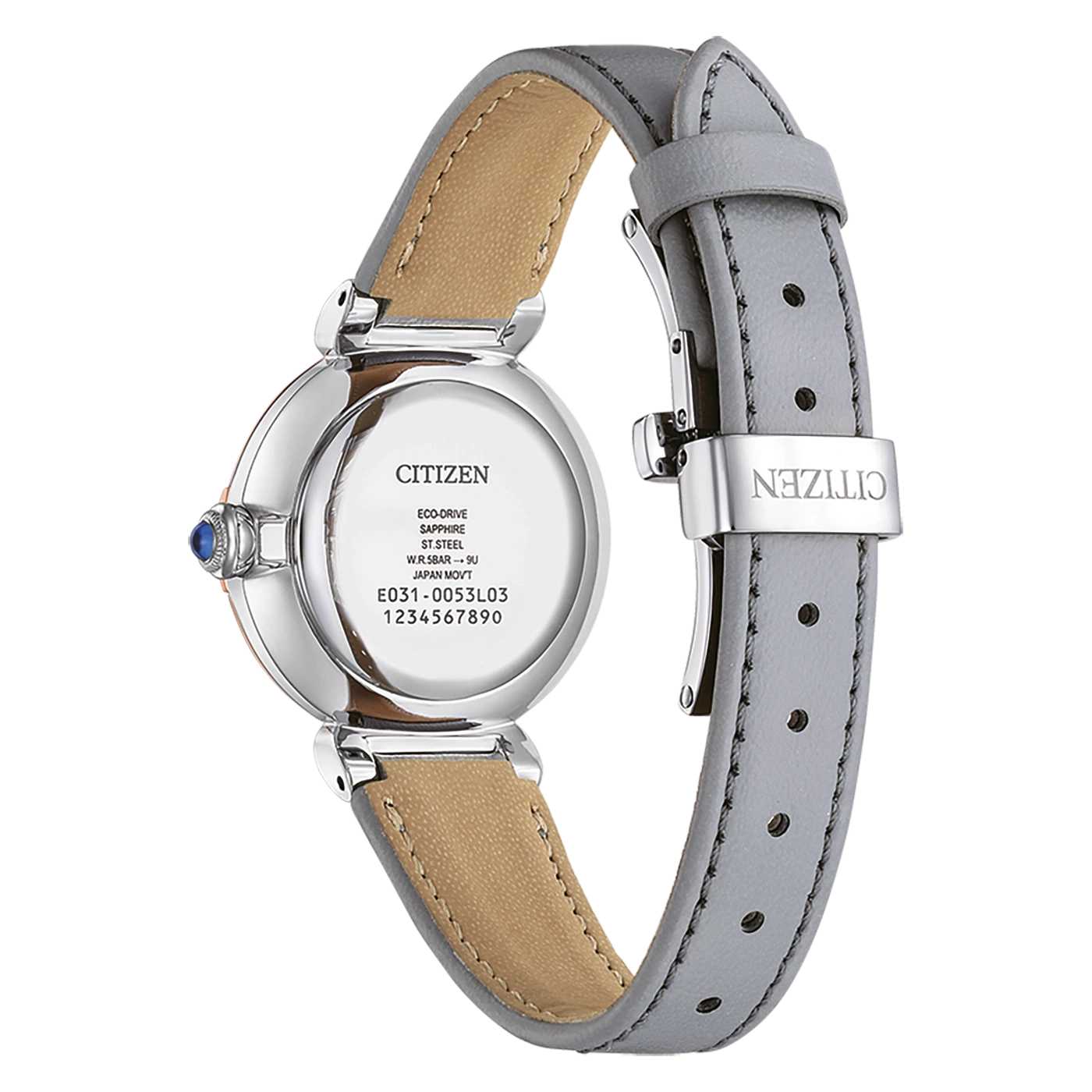 Citizen horlogerug met details: Eco-Drive, Sapphire, Steel, Japan Movt.