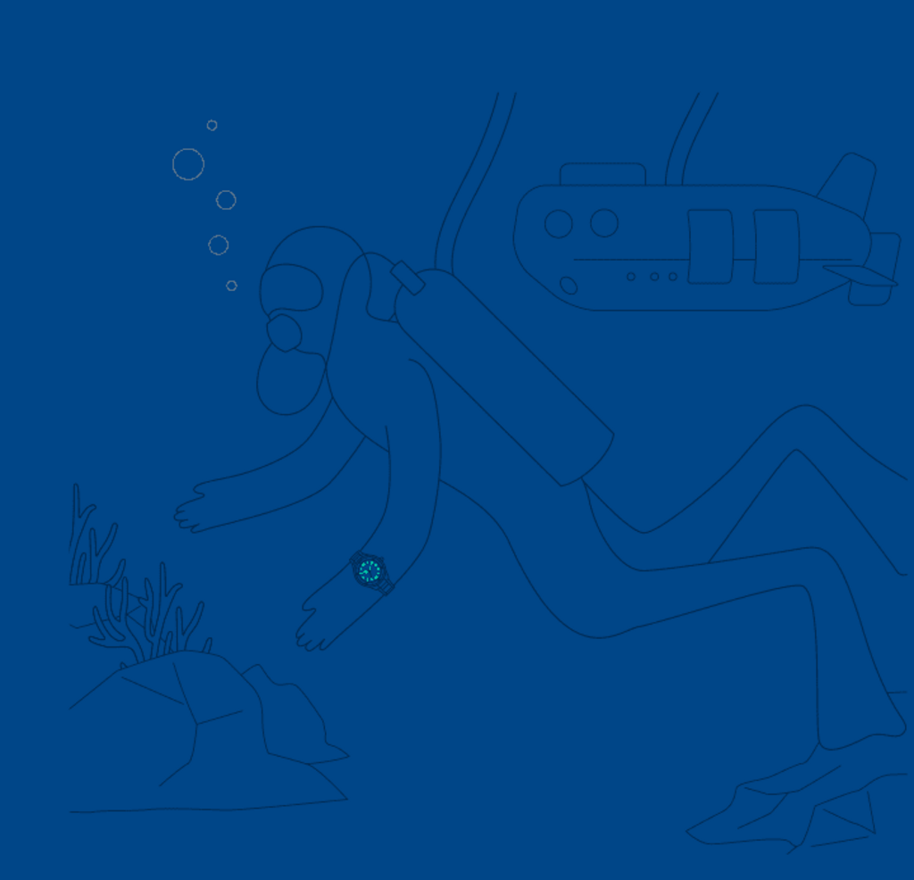 Duiker met horloge, bellen, onderzeeër, koraal en rotsen in de oceaan.