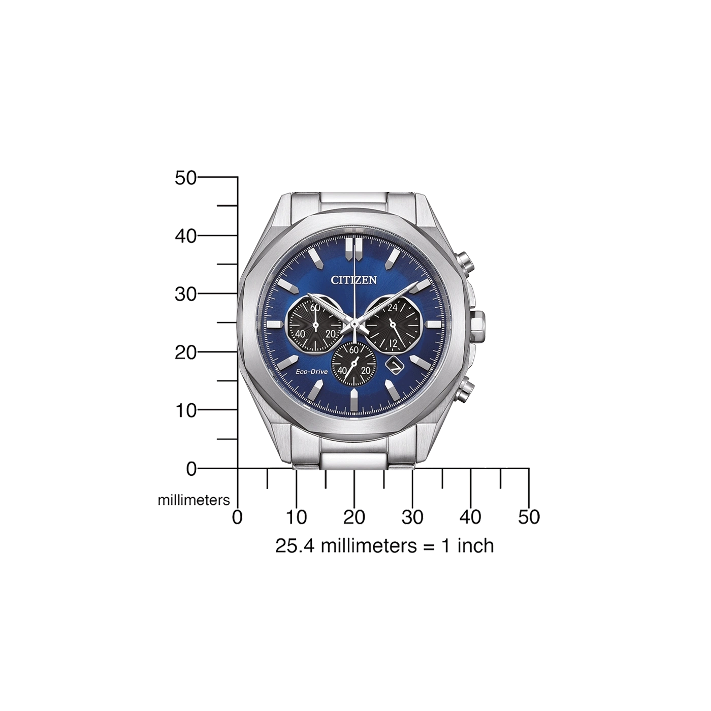 Citizen horloge met blauwe wijzerplaat, zilveren band en chronograaf functies, met schaal.