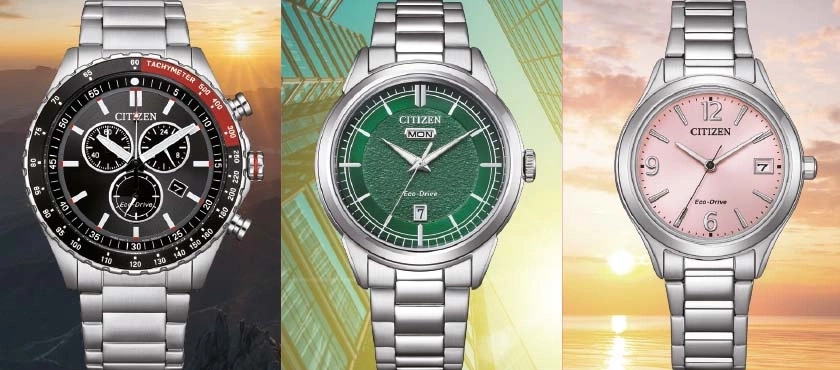 Drie Citizen horloges: zwarte chronograaf, groen wijzerplaat, roze wijzerplaat.