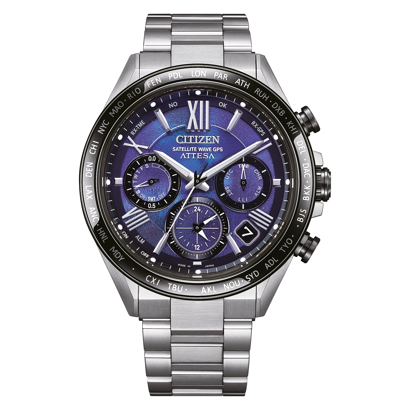 Citizen Attesa horloge met blauwe wijzerplaat en zilveren band, tijdweergave.