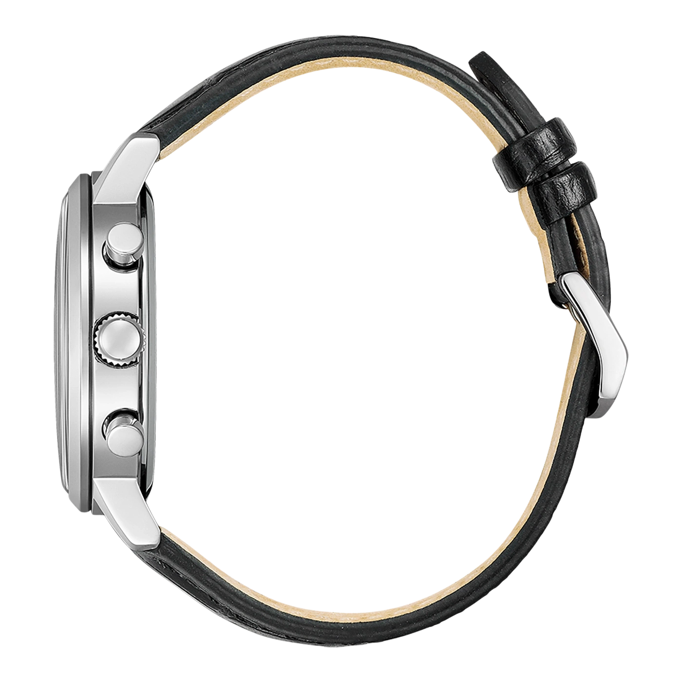 Zijaanzicht van een zilveren horloge met een zwarte leren band.