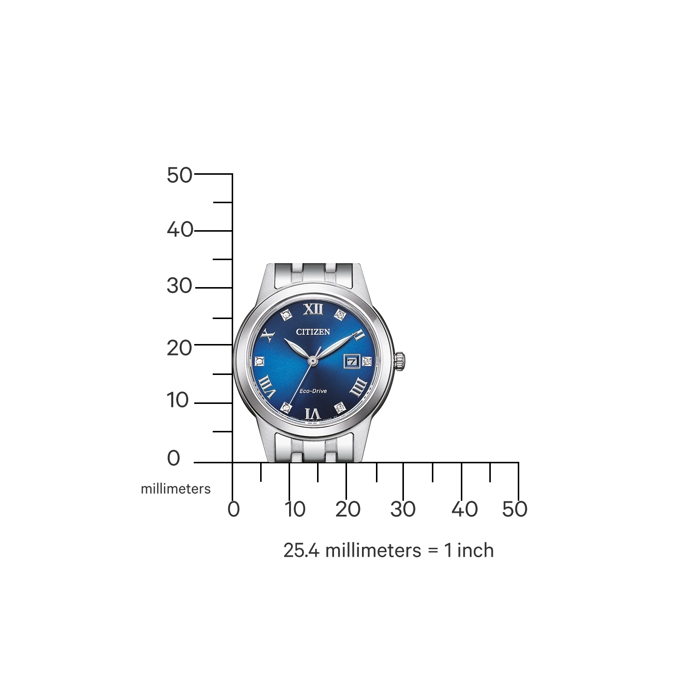 Citizen horloge met blauwe wijzerplaat, zilveren band en Romeinse cijfers. Eco-Drive.