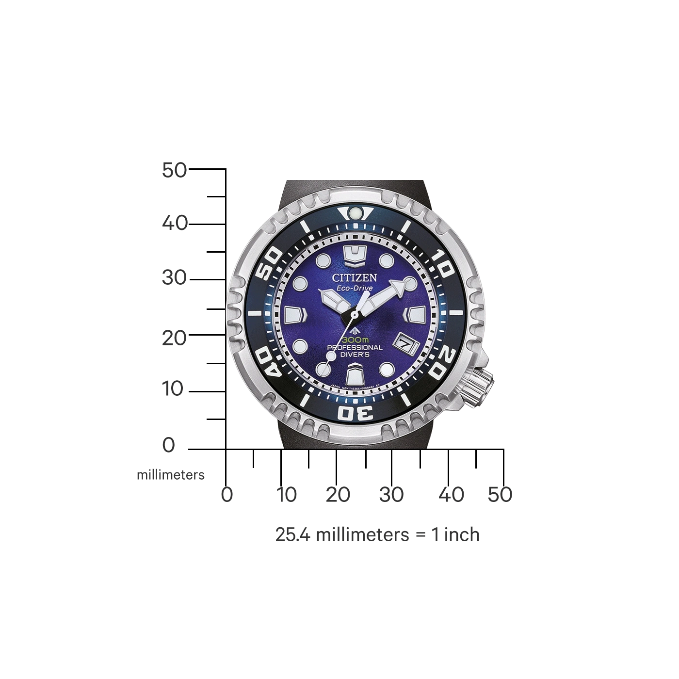 Citizen Eco-Drive horloge met blauwe wijzerplaat, zwarte bezel en meetschaal.