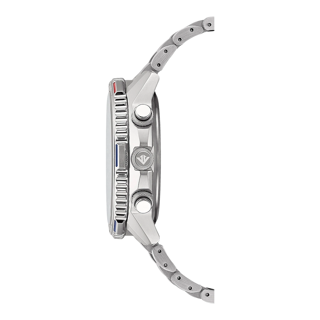 Zijaanzicht van een zilveren horloge met metalen band en knoppen.