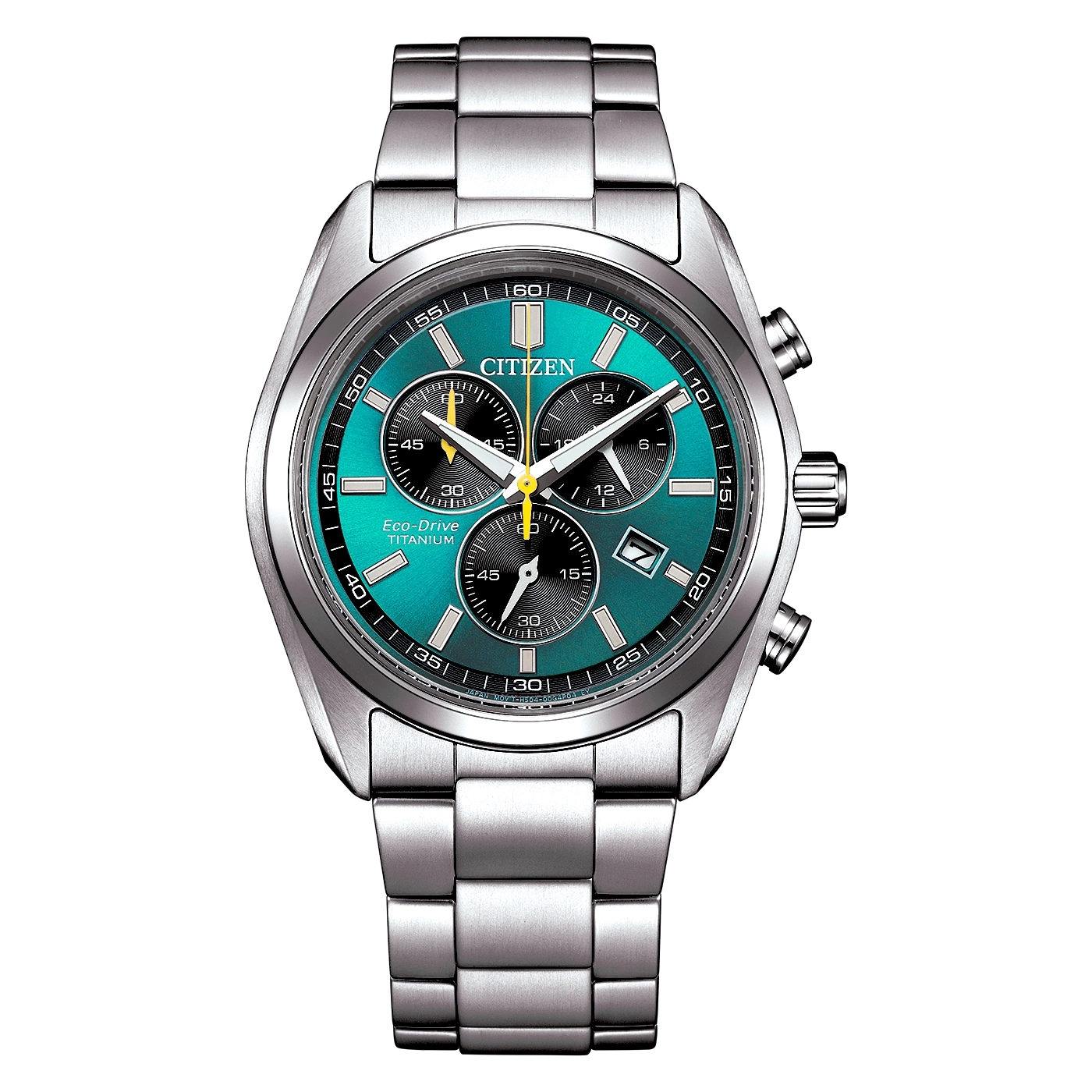 Close-up van een zilveren Citizen Eco-Drive Titanium horloge met een teal wijzerplaat.