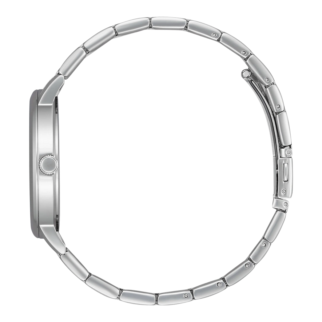 Zilveren horloge met een ronde wijzerplaat en metalen band, zijaanzicht.