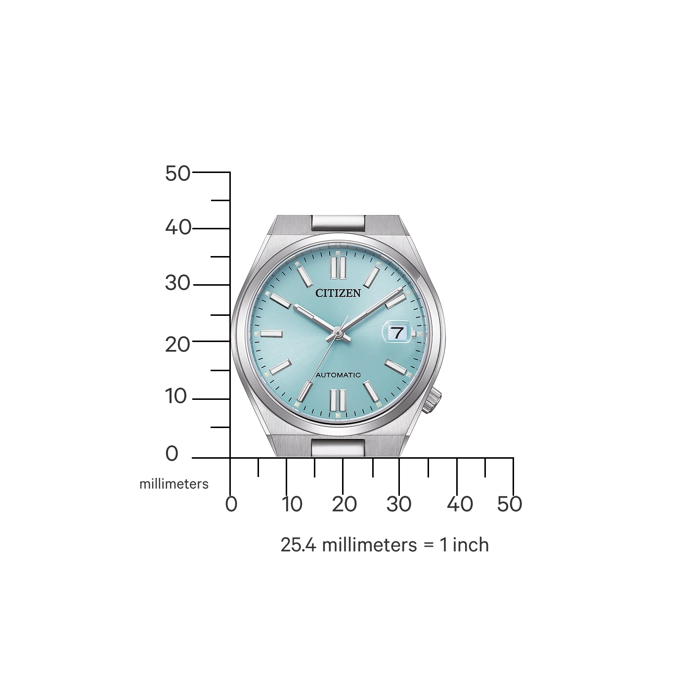 Citizen horloge met een lichtblauwe wijzerplaat, toont de grootte in millimeters.