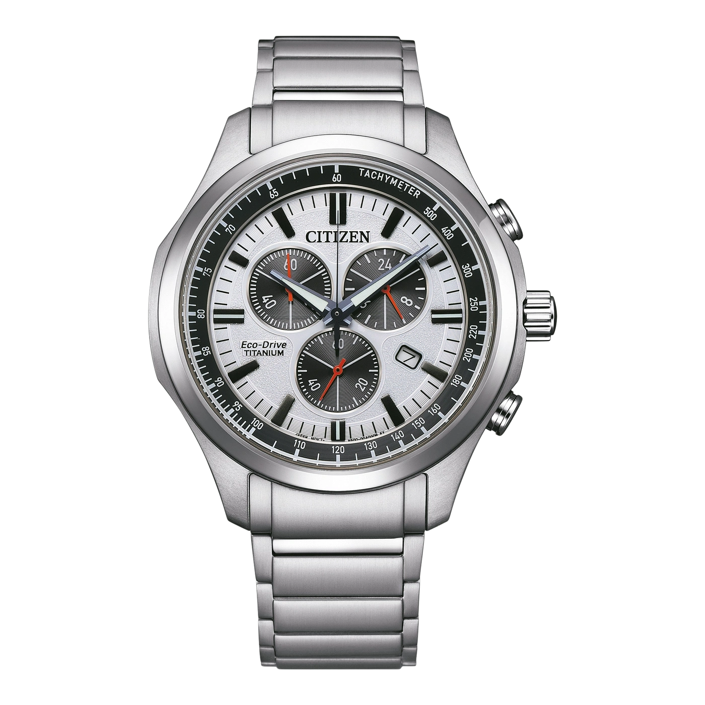 Zilveren Citizen horloge met chronograaf, tachymeter en titanium kenmerken.