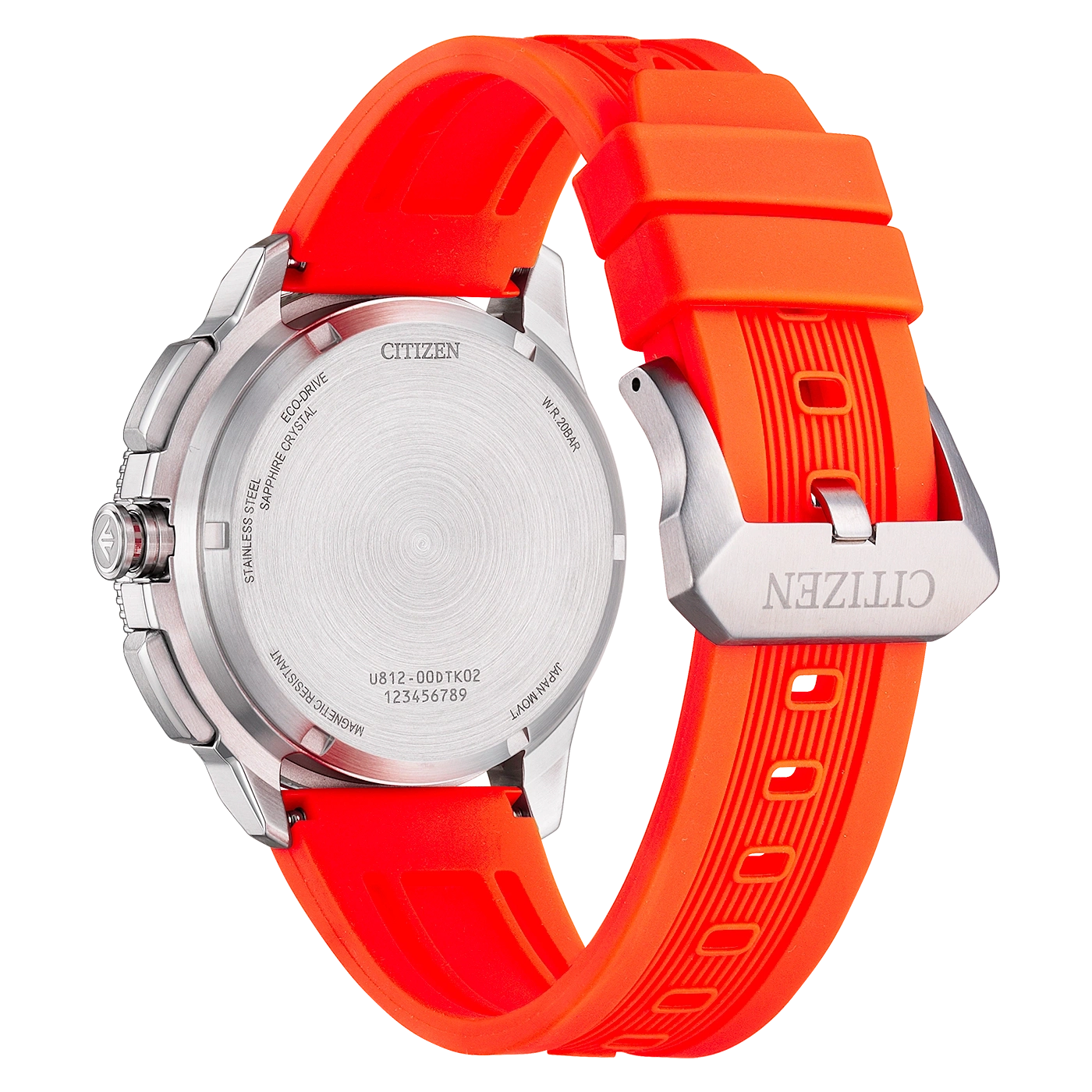 Achterkant van een Citizen Eco-Drive horloge met oranje band en zilveren kast.