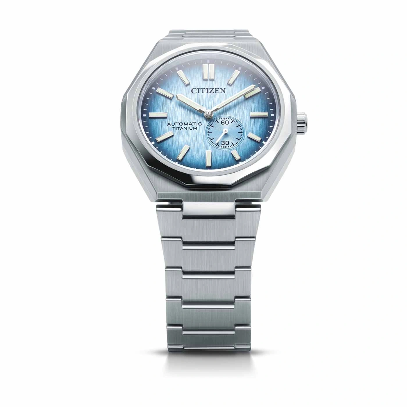 Citizen horloge met blauwe wijzerplaat en titanium band.