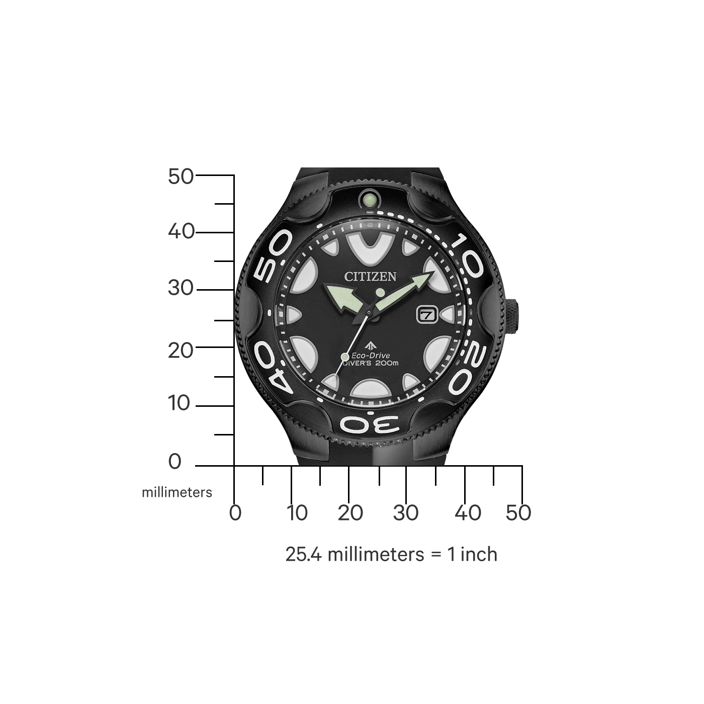 Zwart Citizen horloge met witte markeringen, Eco-Drive en zwarte achtergrond.