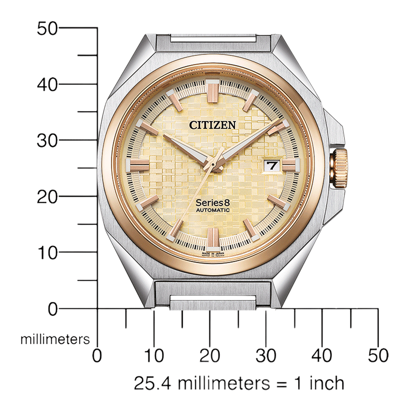 Citizen horloge met goud en zilver accenten, datumweergave en automatisch uurwerk.