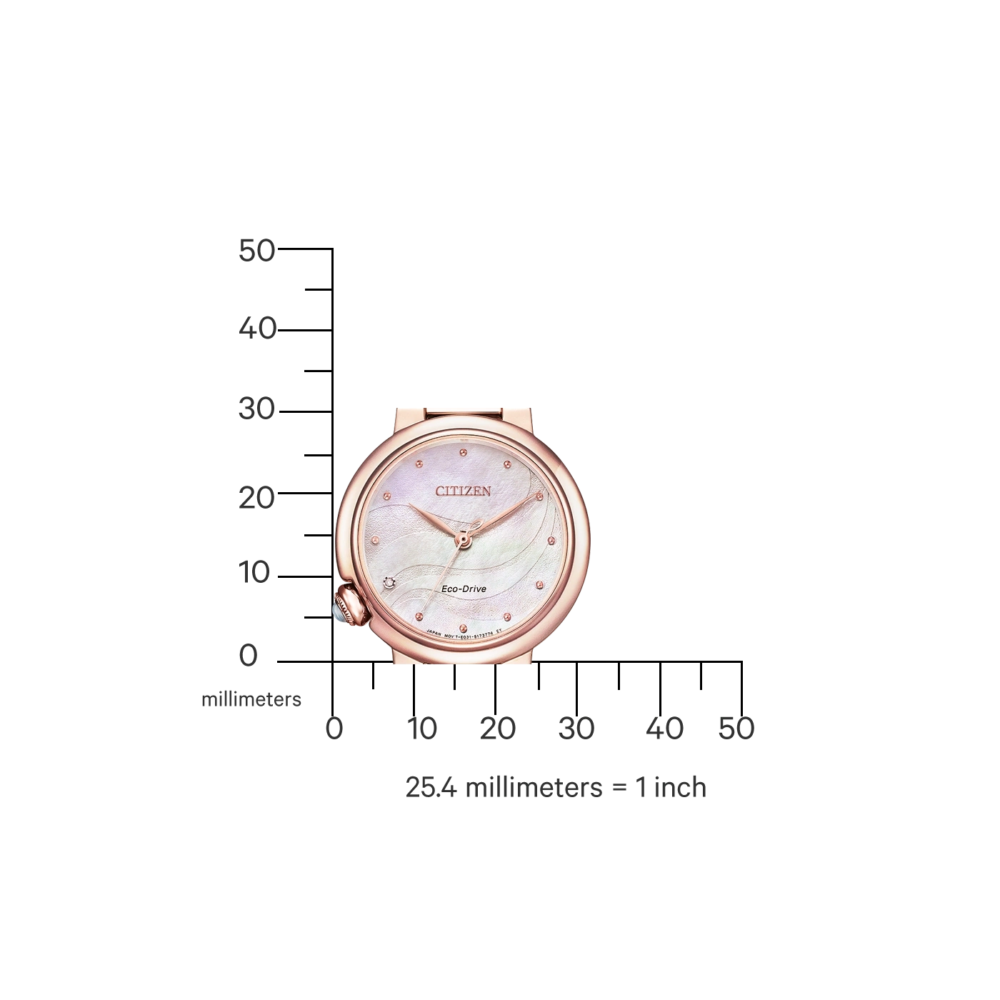 Citizen horloge met roségouden kast en parelmoer wijzerplaat, Eco-Drive technologie.