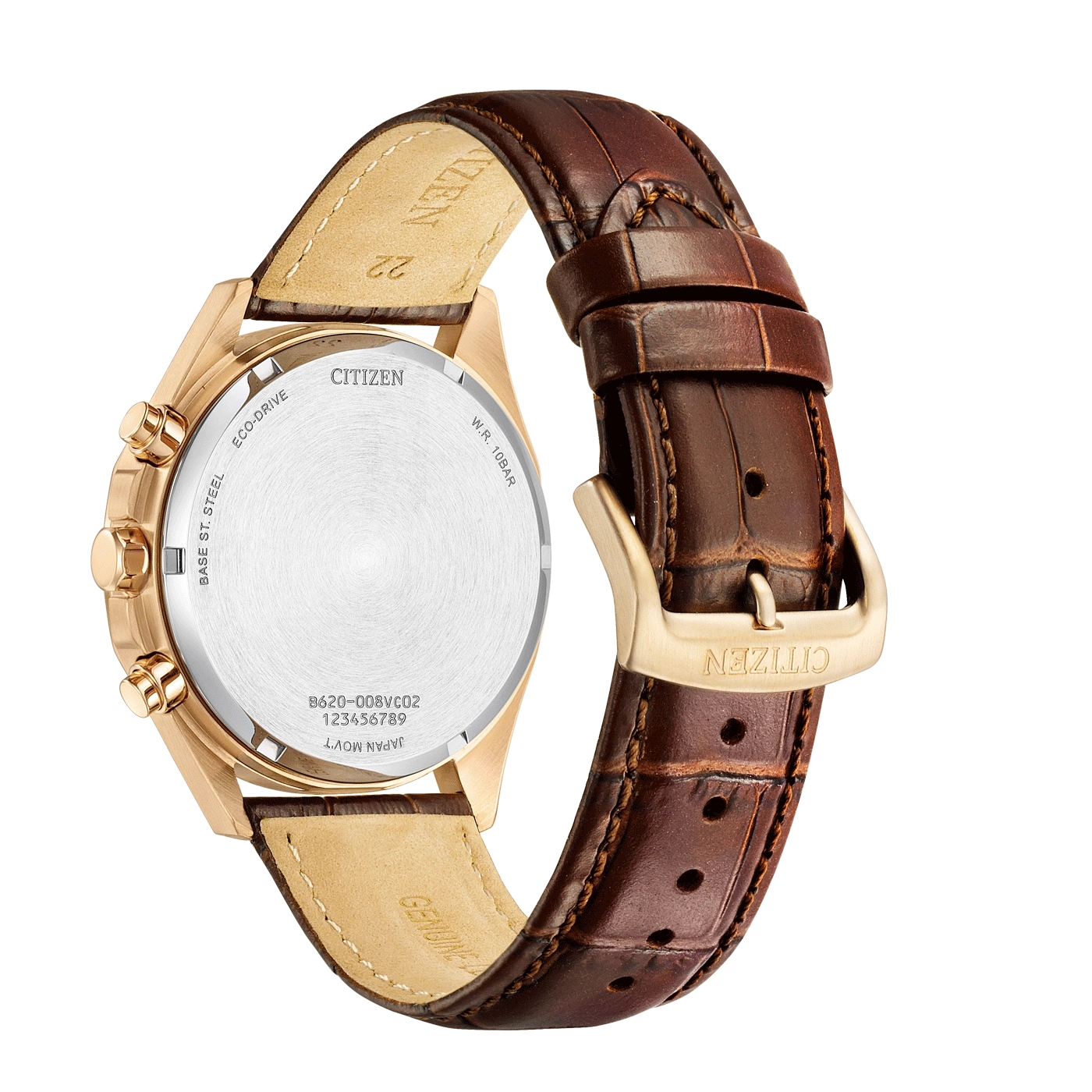 Citizen horloge met bruin lederen band, gouden kast en Citizen logo.