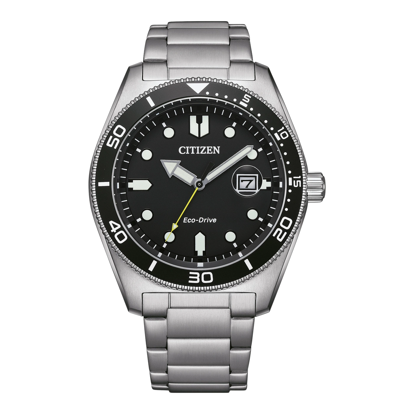 Citizen horloge met zwarte wijzerplaat en zilveren armband, Eco-Drive technologie.