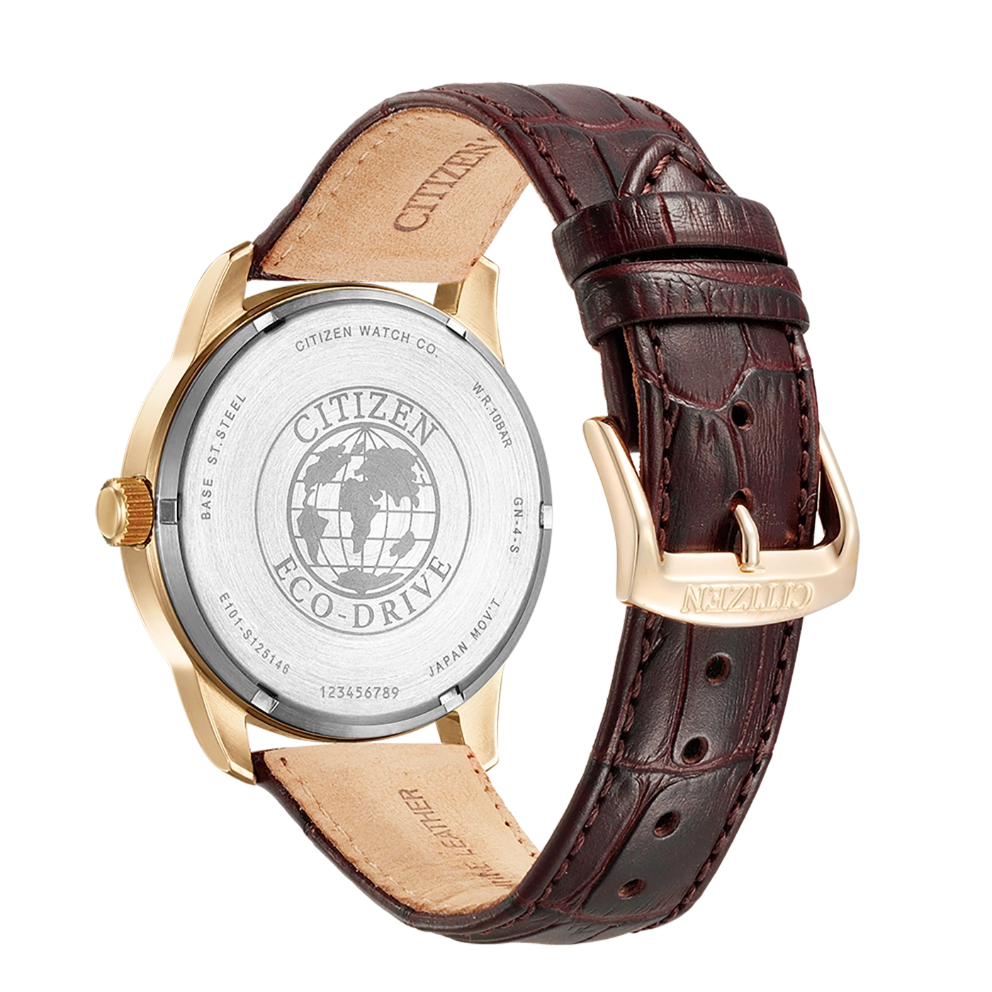 Citizen horlogerug met leren band, gouden kast en Eco-Drive technologie.