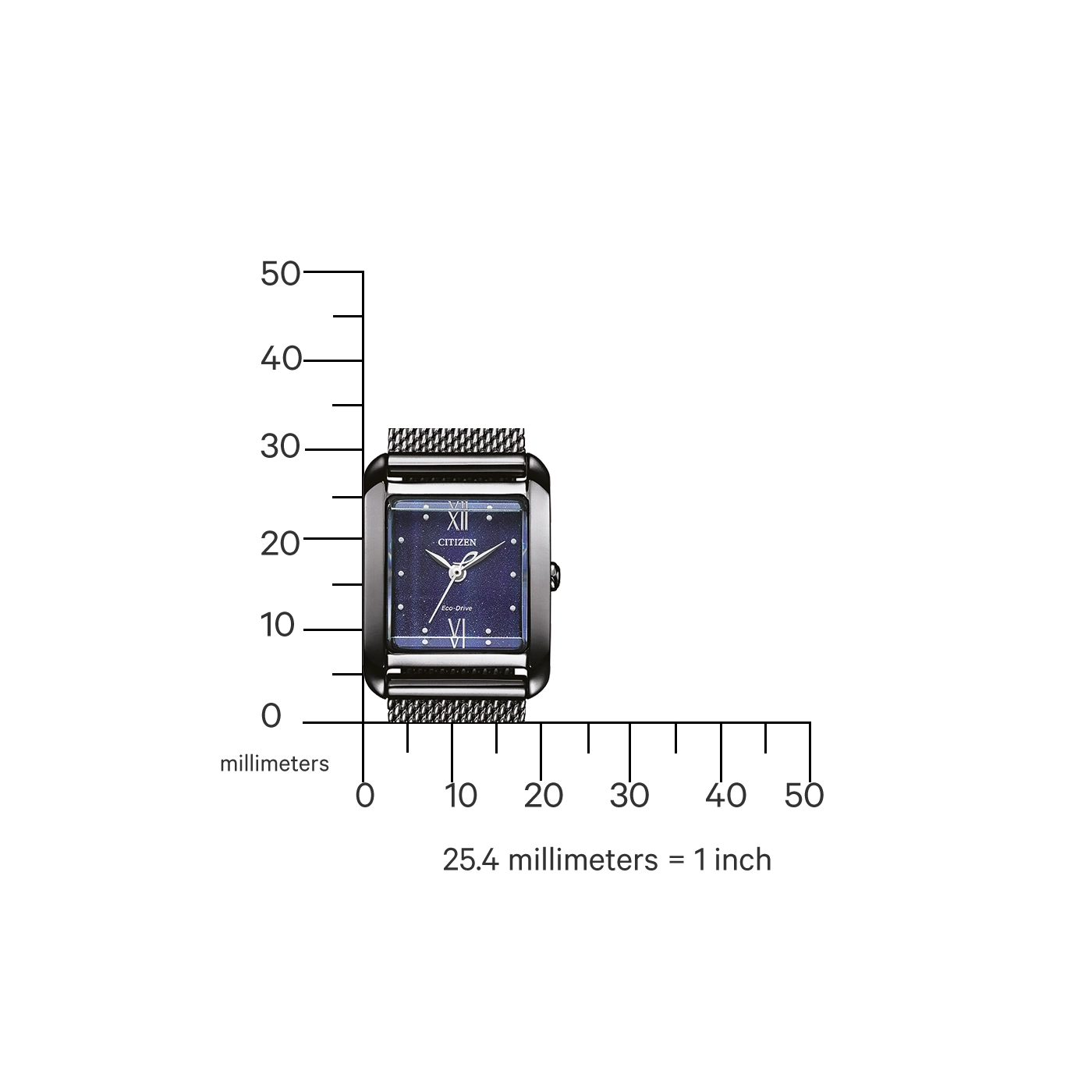 Horloge met een blauwe wijzerplaat en een mesh band, met een liniaal.