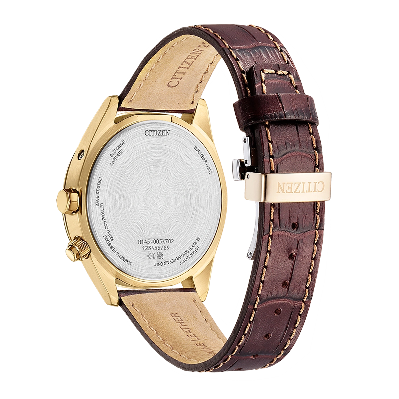 Citizen horlogerug, gouden kast, bruine leren band, saffierglas, eco-drive