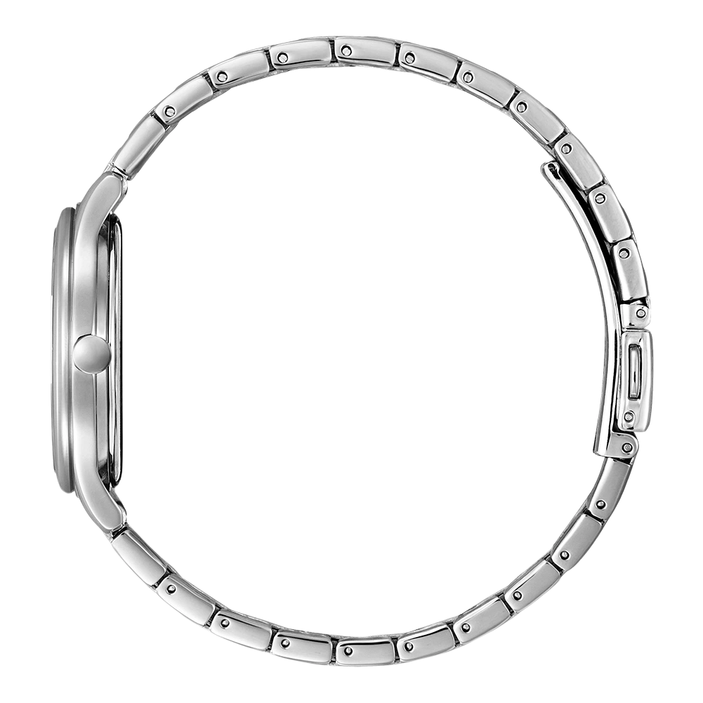 Zijaanzicht van een zilveren polshorloge met metalen band, elegant en modern.